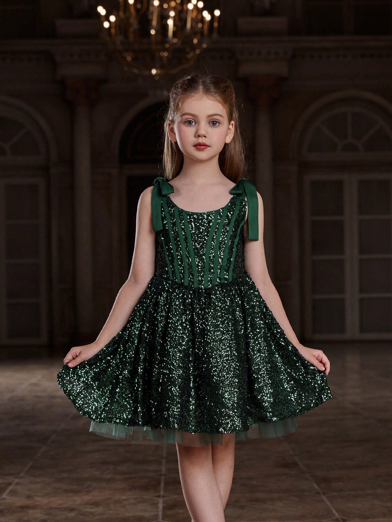 Tween Girl 1pc Sleeveless Shoulder Strap & Shiny Mid-Length Party Dress