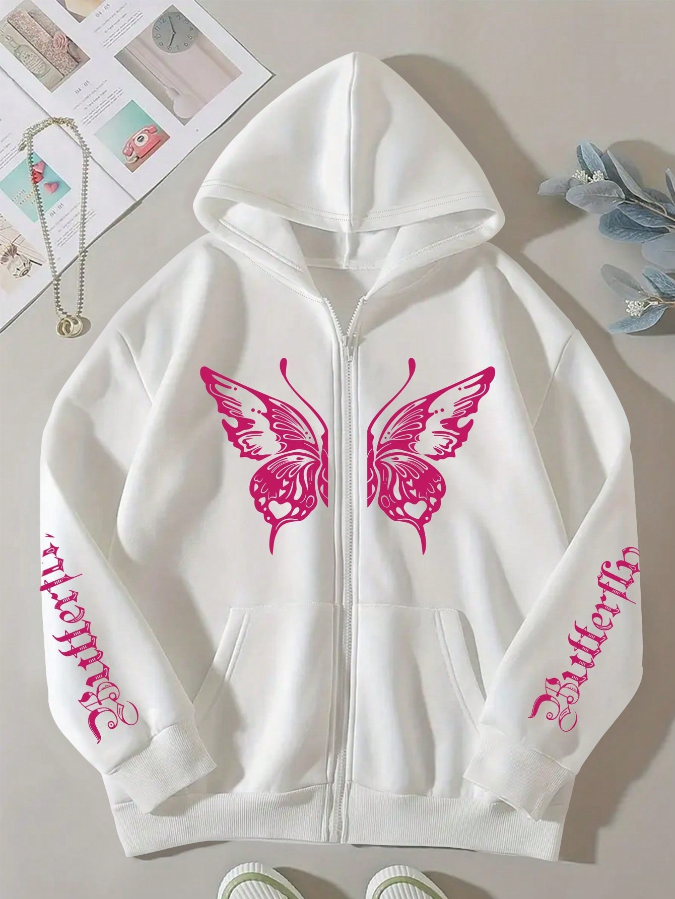 Women's Casual Butterfly & Letter Printed Hooded Sweatshirt With Fleece Lining