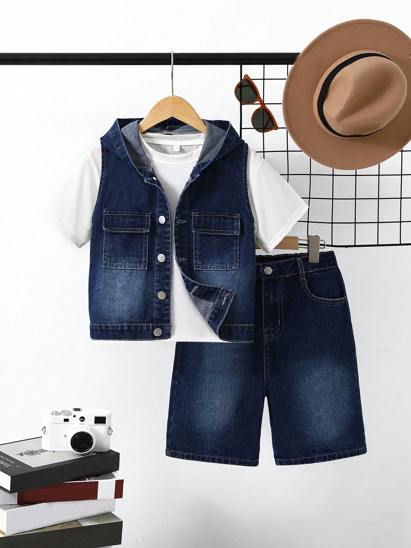 Tween Boy Sleeveless Hooded Denim Vest With Front Buttons And Solid Color Denim Shorts With Pockets, Summer Casual Outfit