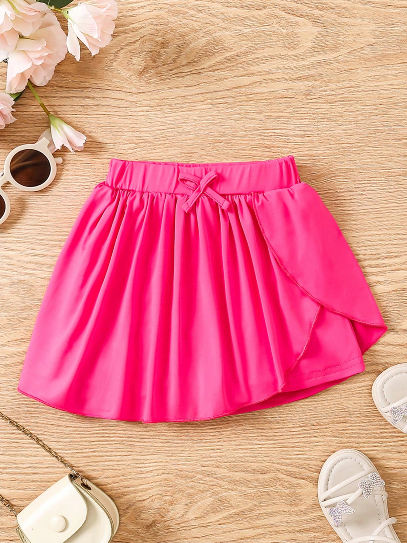 Young Girls' Solid Color Pleated Skirt With Waist Bow Decoration