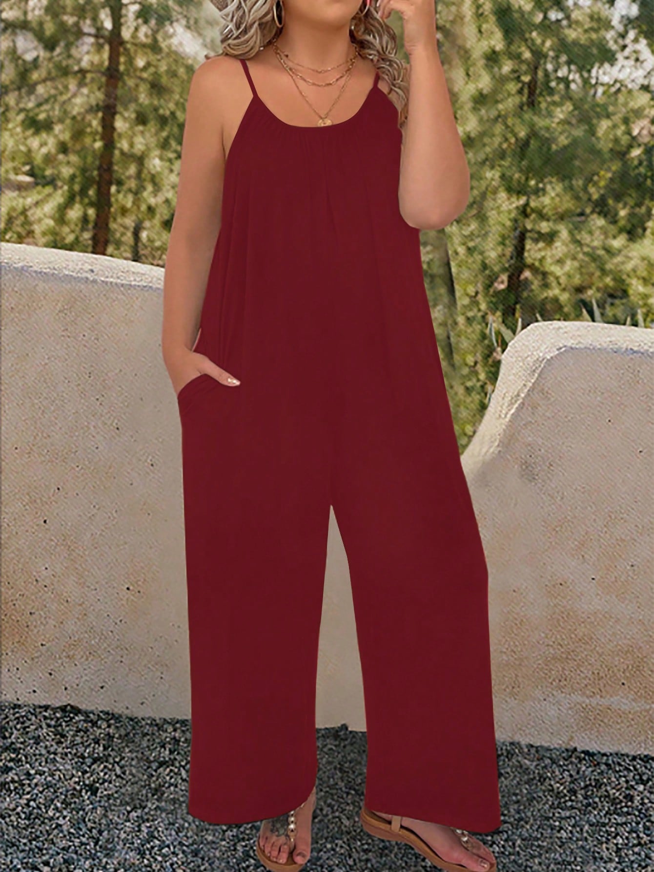 Plus Solid Slant Pocket Cami Jumpsuit