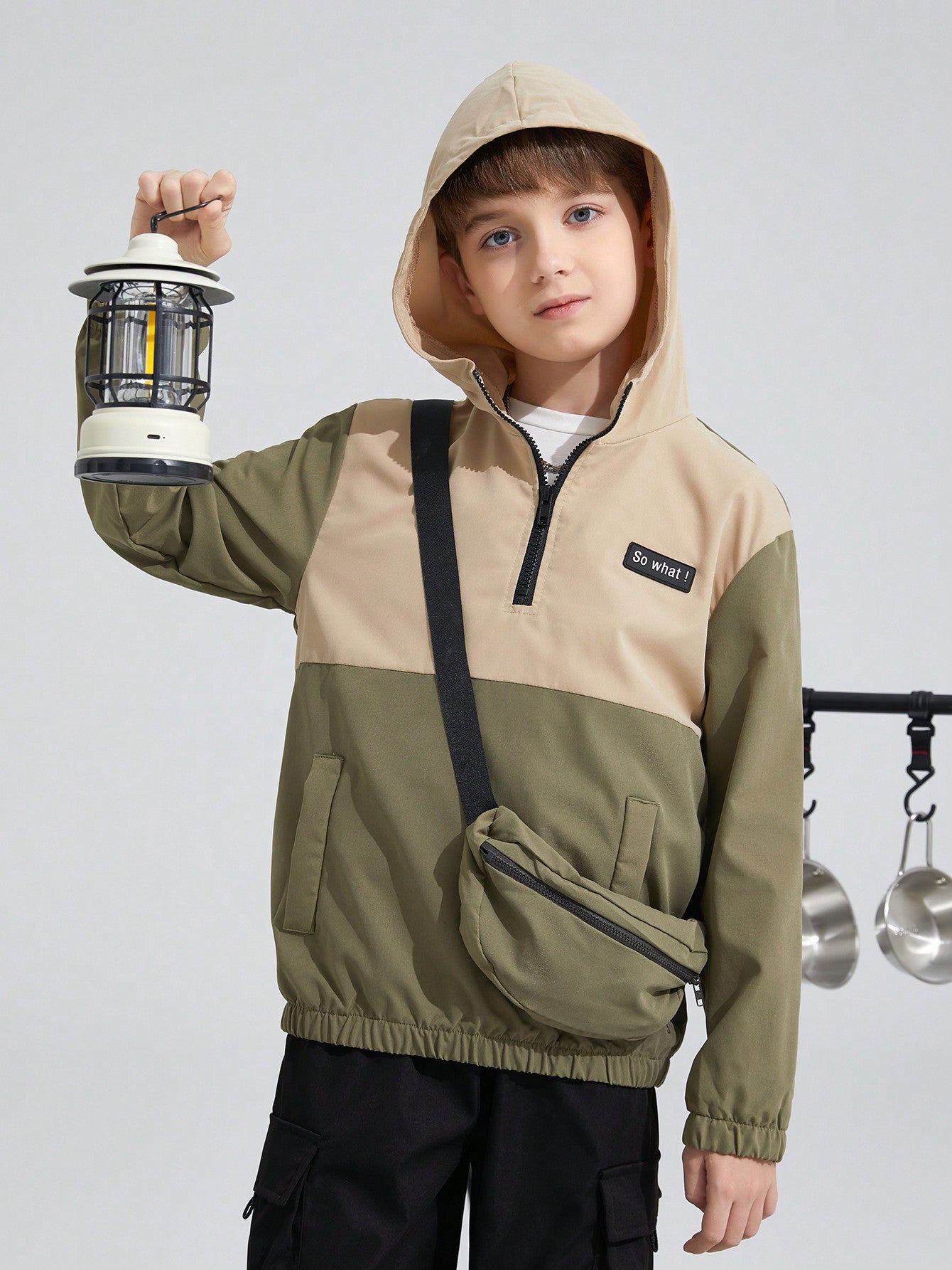 Tween Boy 1pc Slogan Patched Detail Half Zipper Hooded Jacket With Bag