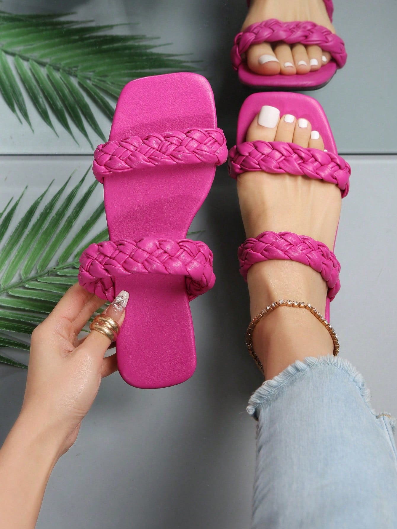 Fashionable Korean-Style Simple Flat Hot Pink Sandals, Versatile