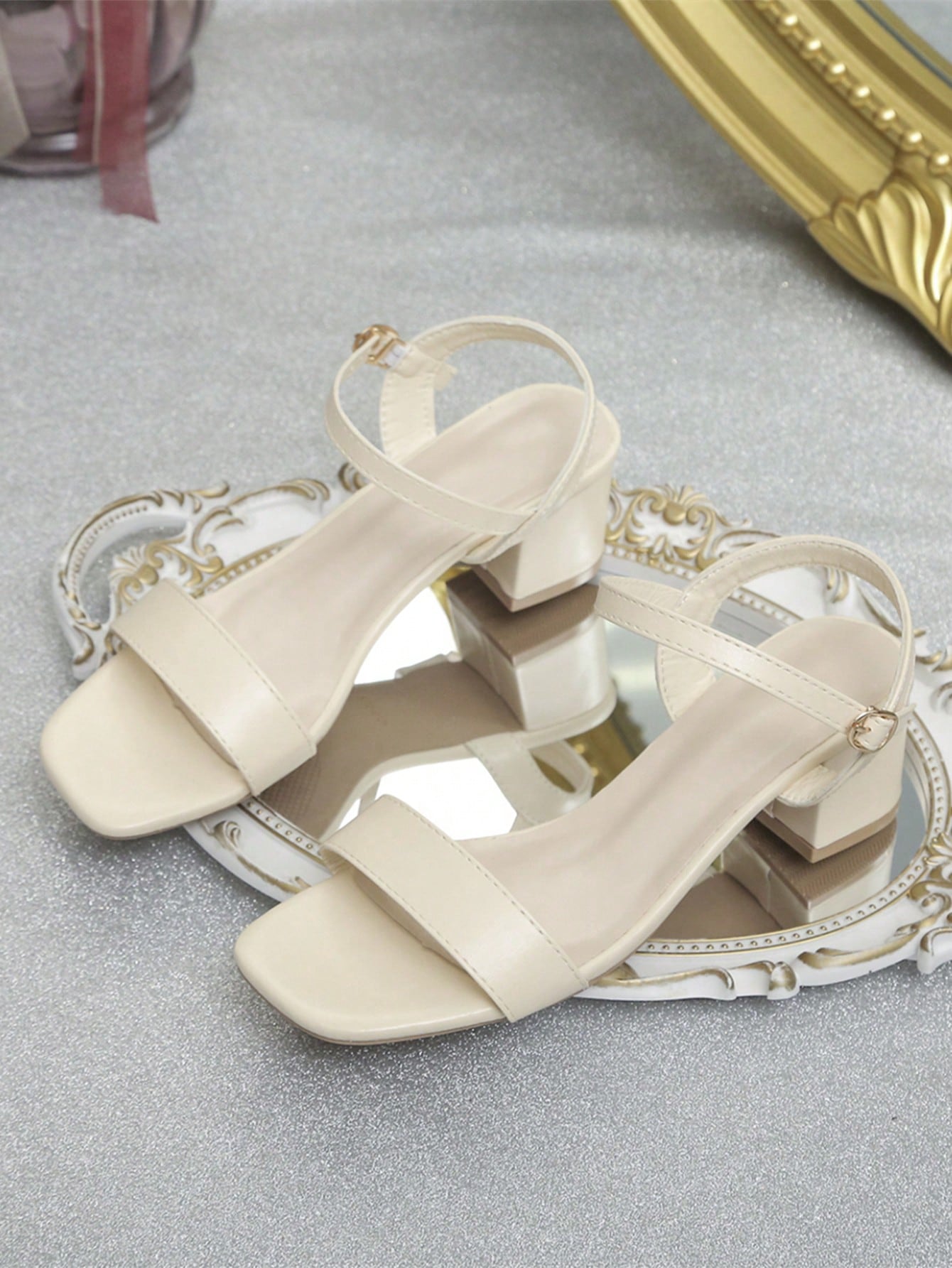 Teenage Girls Beige Open Toe Big Size Sandals With Chunky Heels