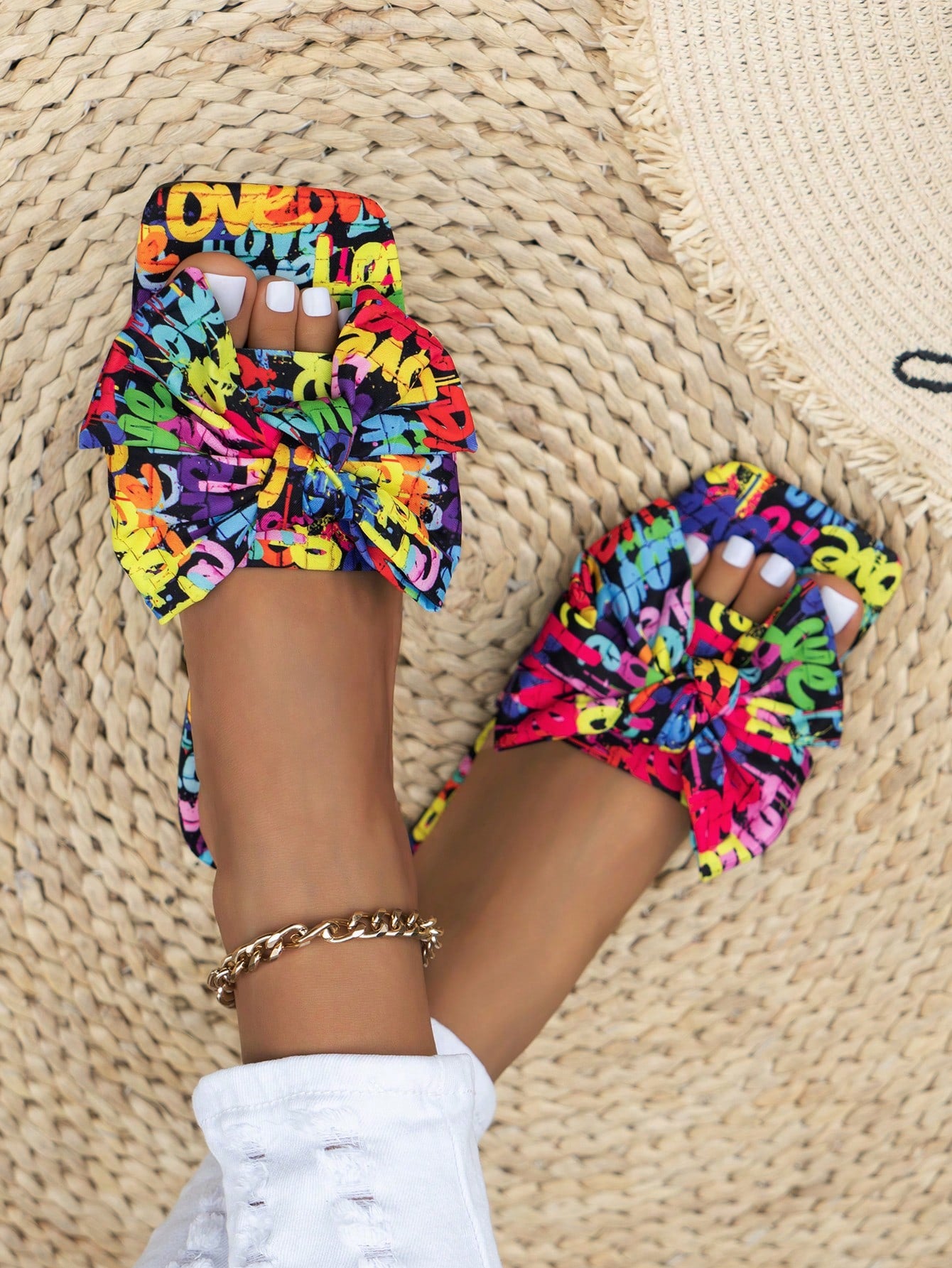 Women's Colorful Bowknot Flip Flops, Fashionable Flat Sandals With Open Toe And Ankle Strap For Summer