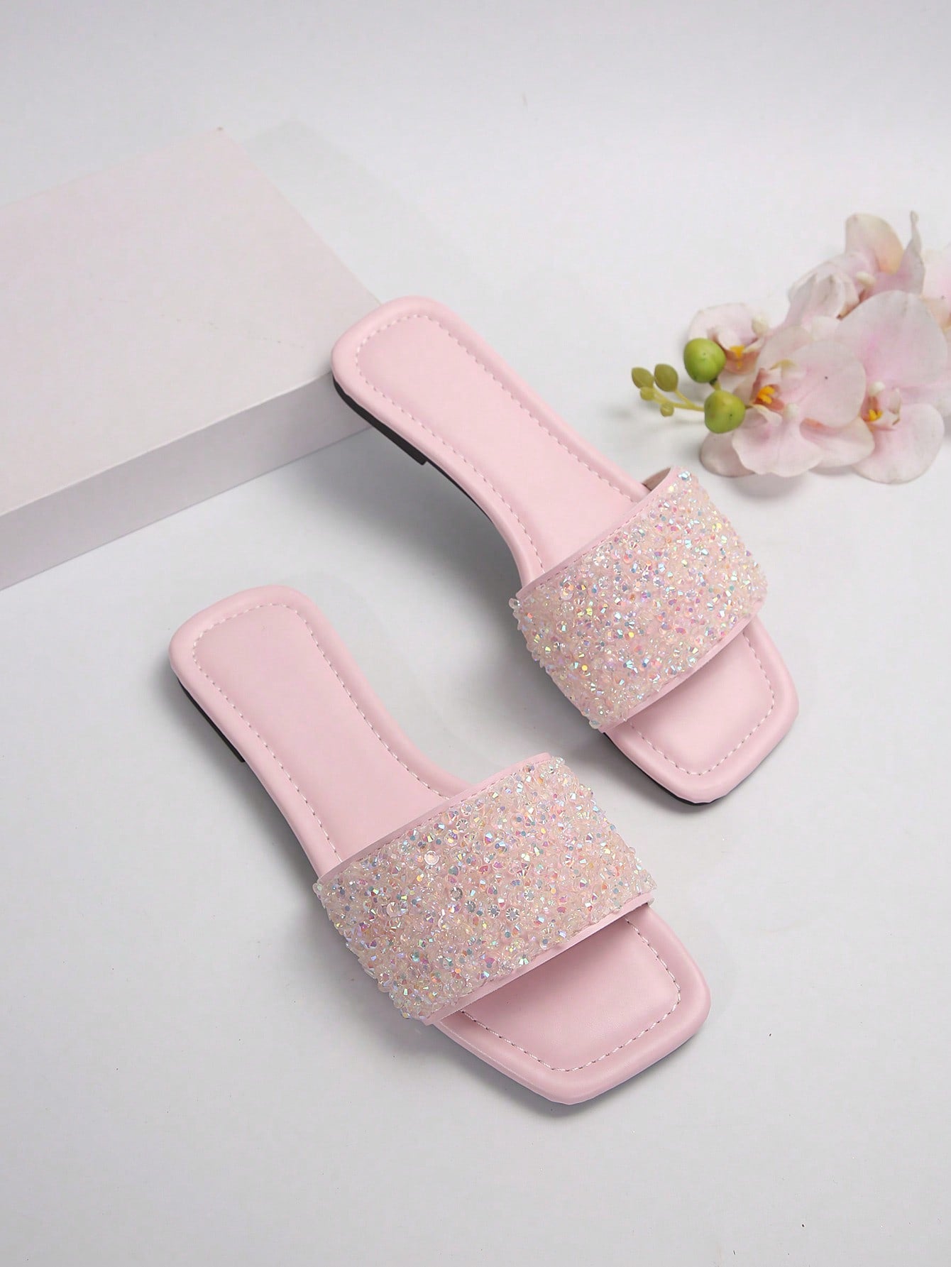 Women Large Size Summer Slippers, Fashion Square Toe Flat Sandals, Breathable & Comfortable Anti-Slip Slip-On Shoes With Rhinestones For Casual, Walking, Outdoor, Beach, Anti-Odor & Non-Slip Design