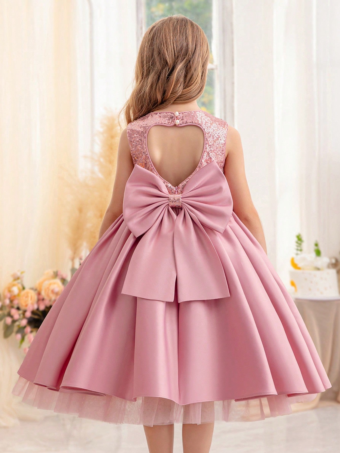 Young Girl Sequined Bowknot Formal Dress Princess Dress, Suitable For Birthday Party, Dance Party, Party Flower Girl Dress, School Stage Performance Costume, Casual Daily Wear.