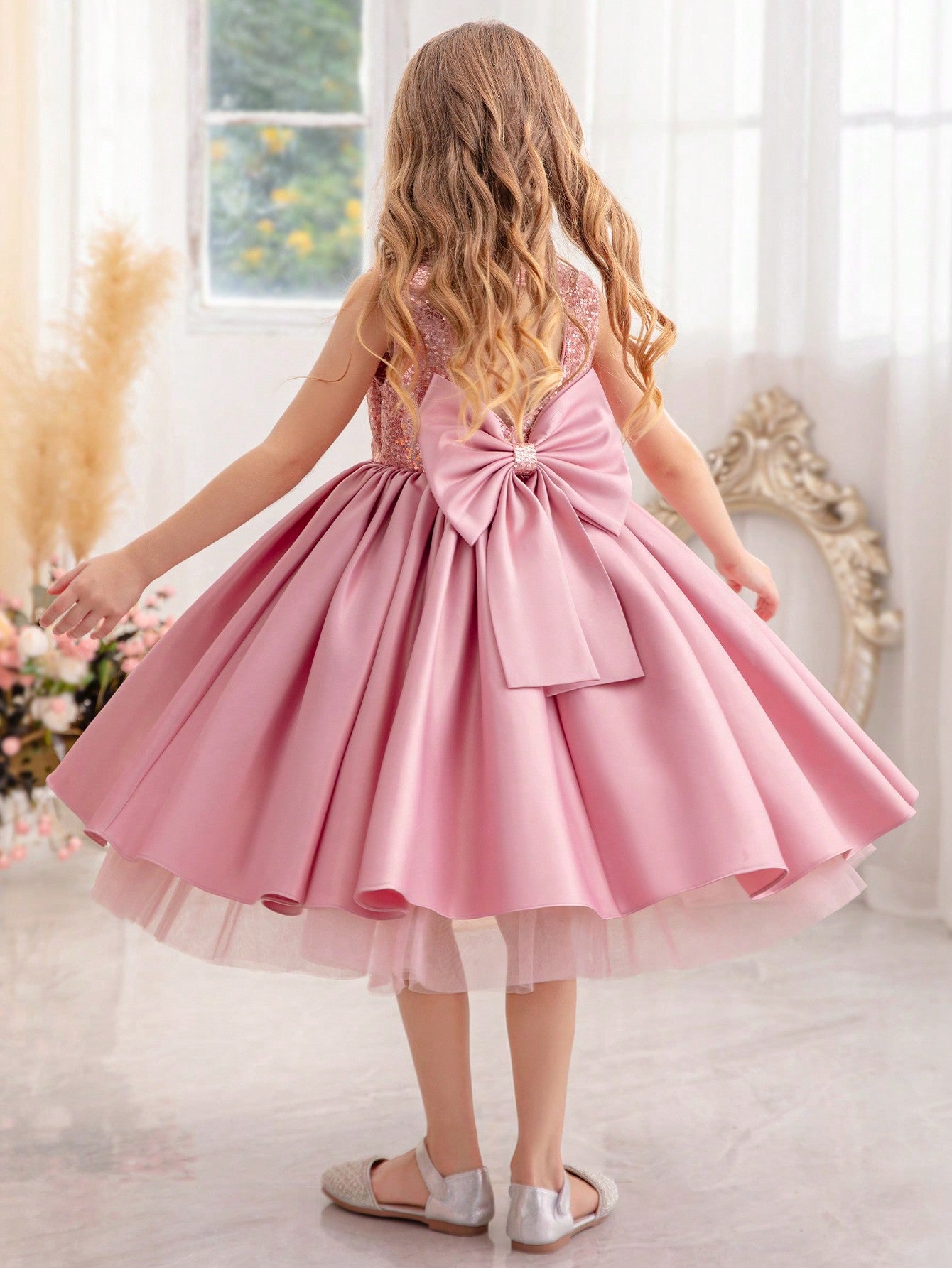 Young Girl Sequined Bowknot Formal Dress Princess Dress, Suitable For Birthday Party, Dance Party, Party Flower Girl Dress, School Stage Performance Costume, Casual Daily Wear.