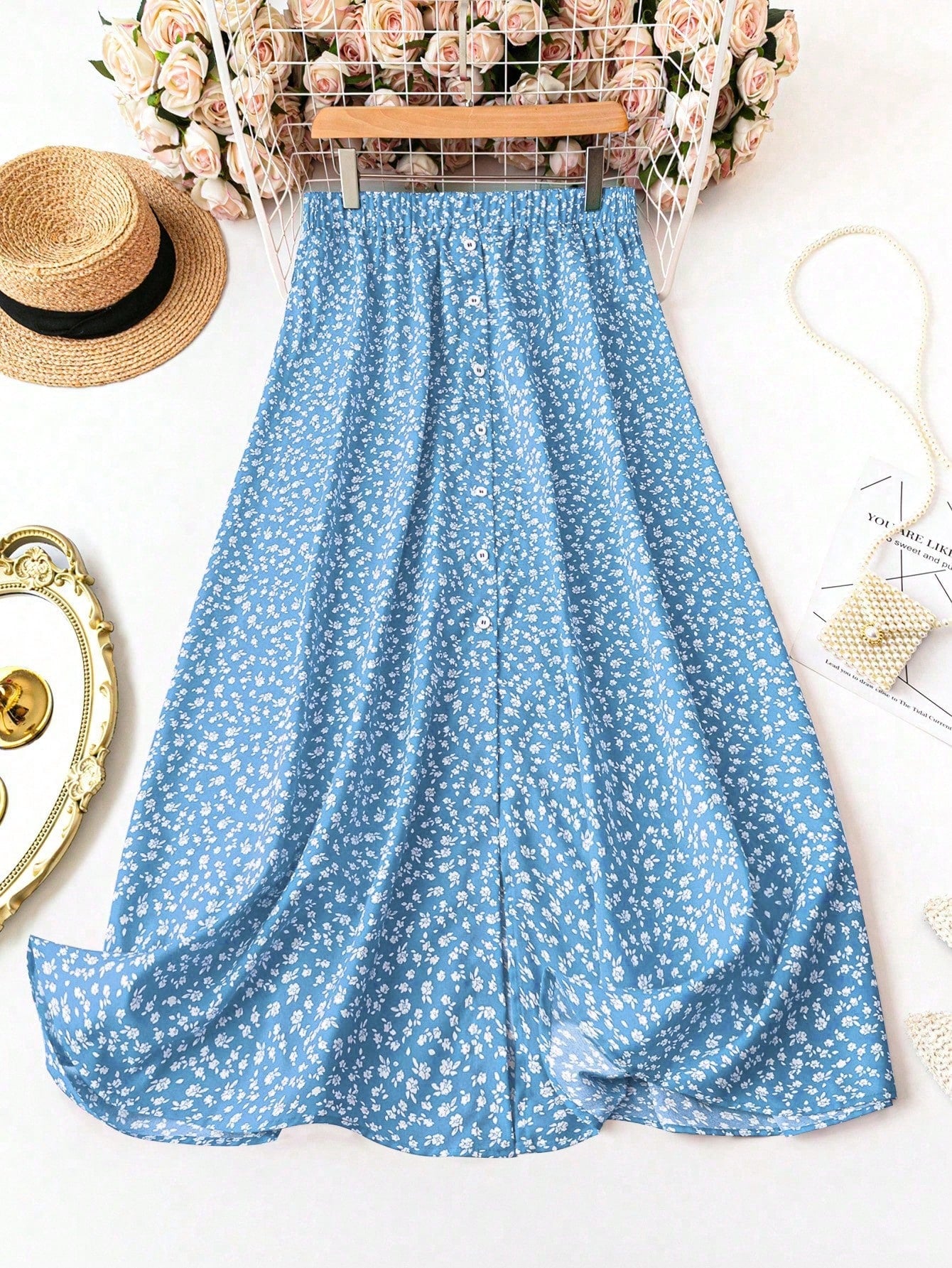 Plus Size Vacation Leisure Front Button Floral Print Skirt