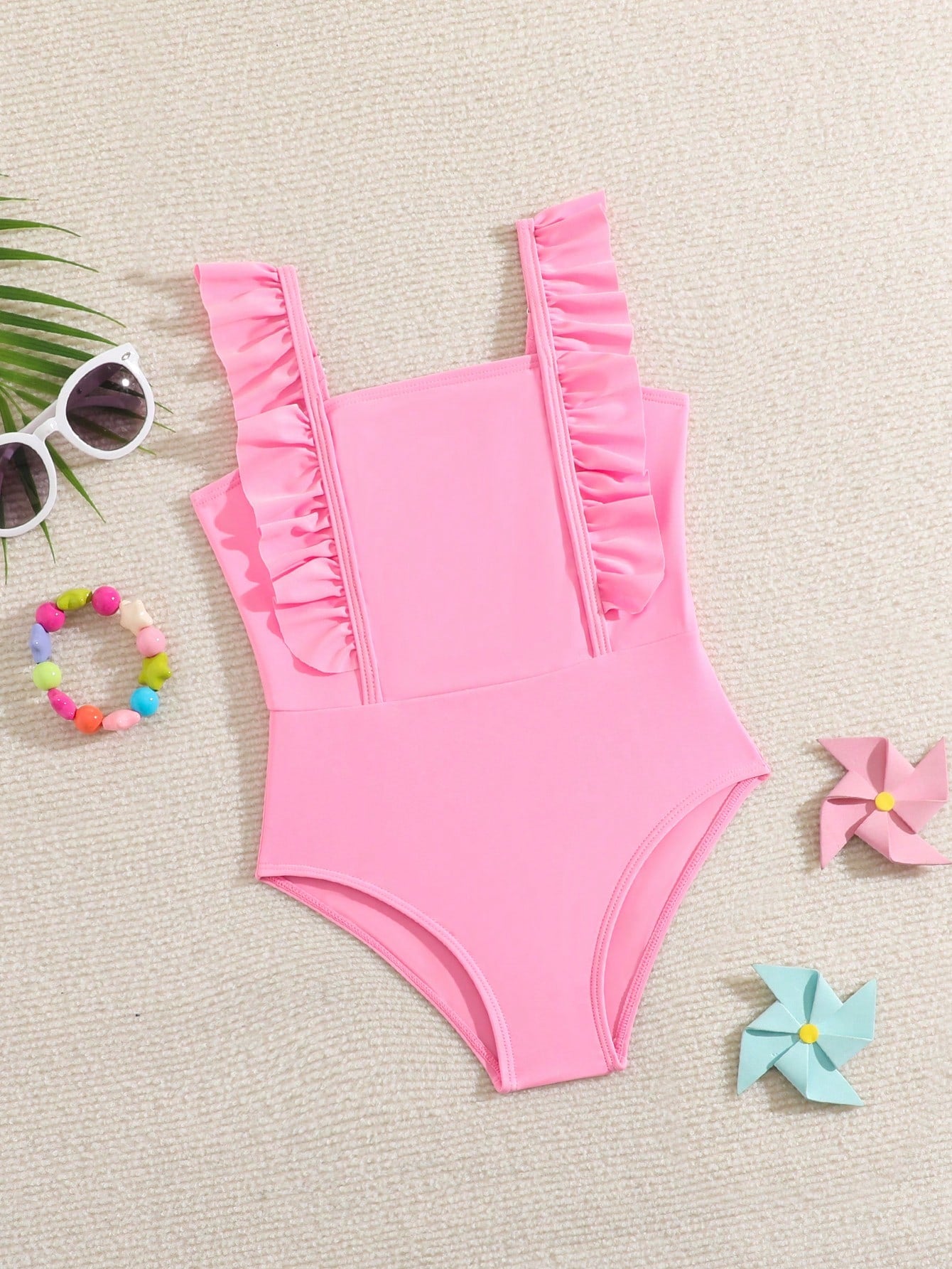 Young Girl Summer Beach Ruffle Trim Neon One-Piece Swimsuit Bathing Suit