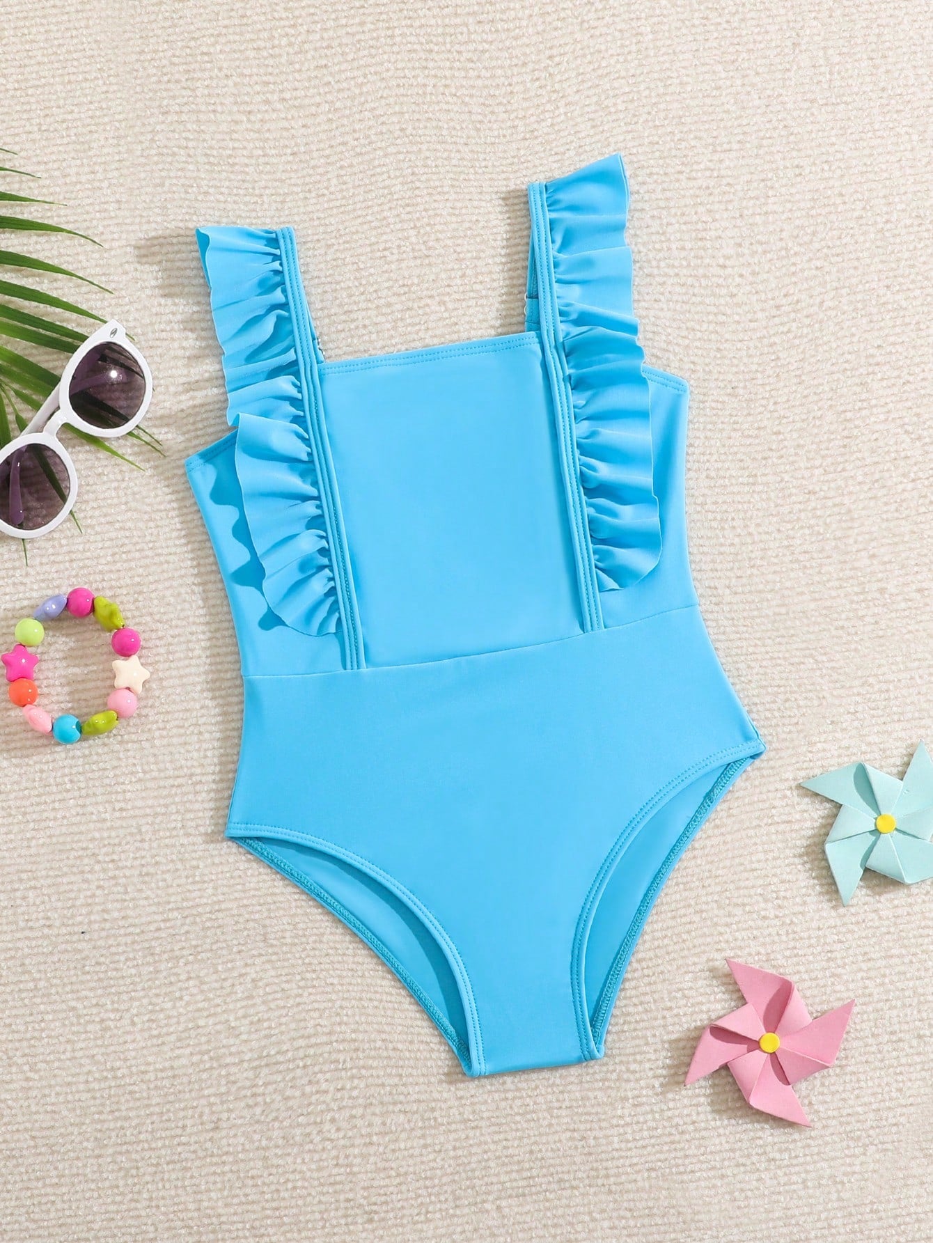 Young Girl Summer Beach Ruffle Trim Neon One-Piece Swimsuit Bathing Suit