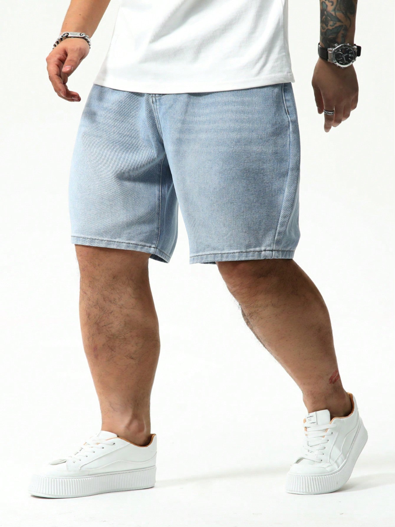 Men Plus Size Loose Fit Casual Denim Shorts Baggy Jorts Plain Light Blue Work Basic