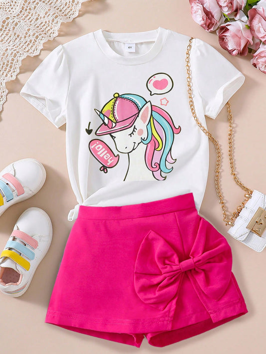 Young Girl Unicorn Pattern Printed Short Sleeve T-Shirt And Bow Decoration Skort Set