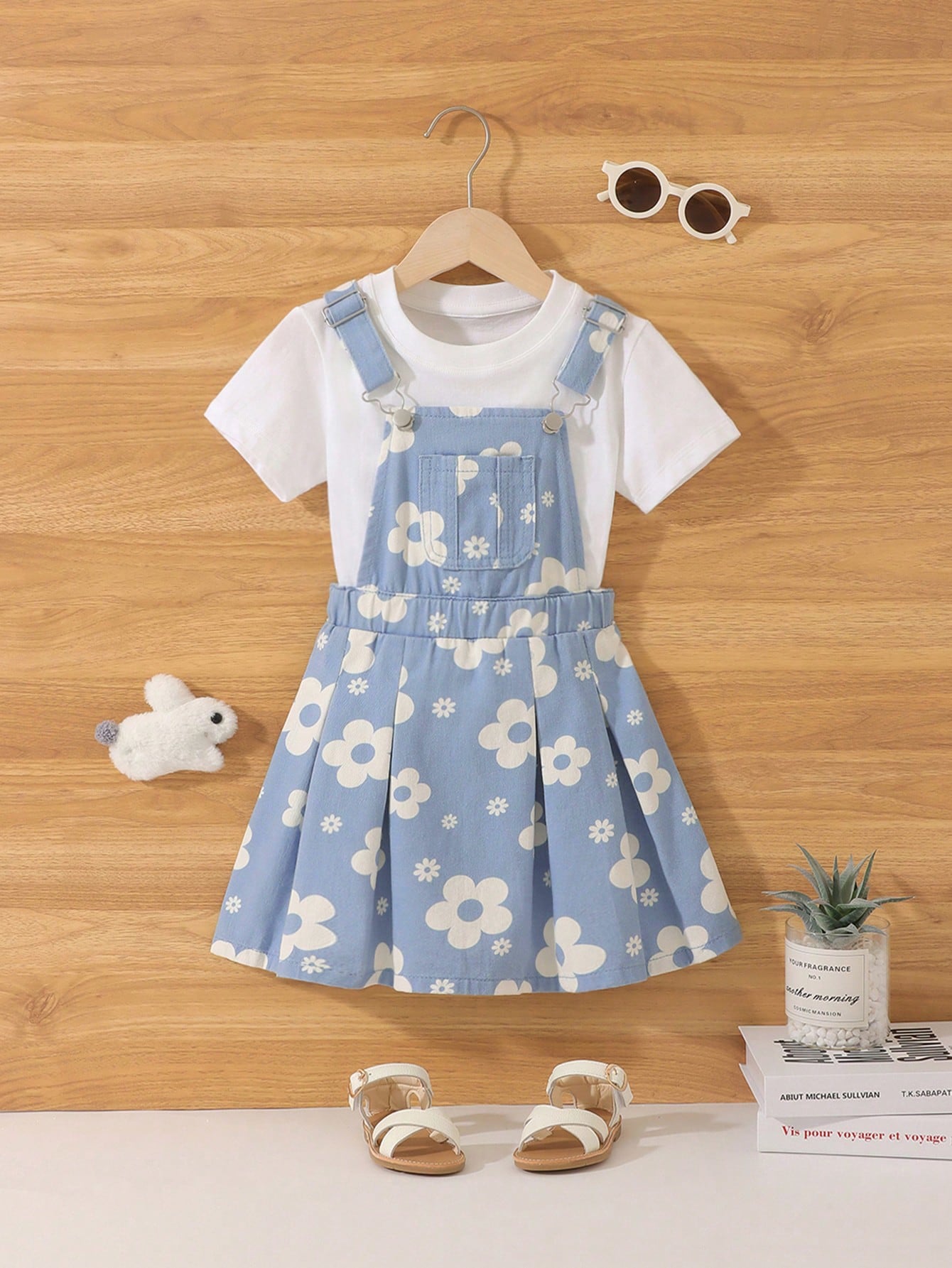 Young Girl Floral Print Pleated Overall Dress With Pocket