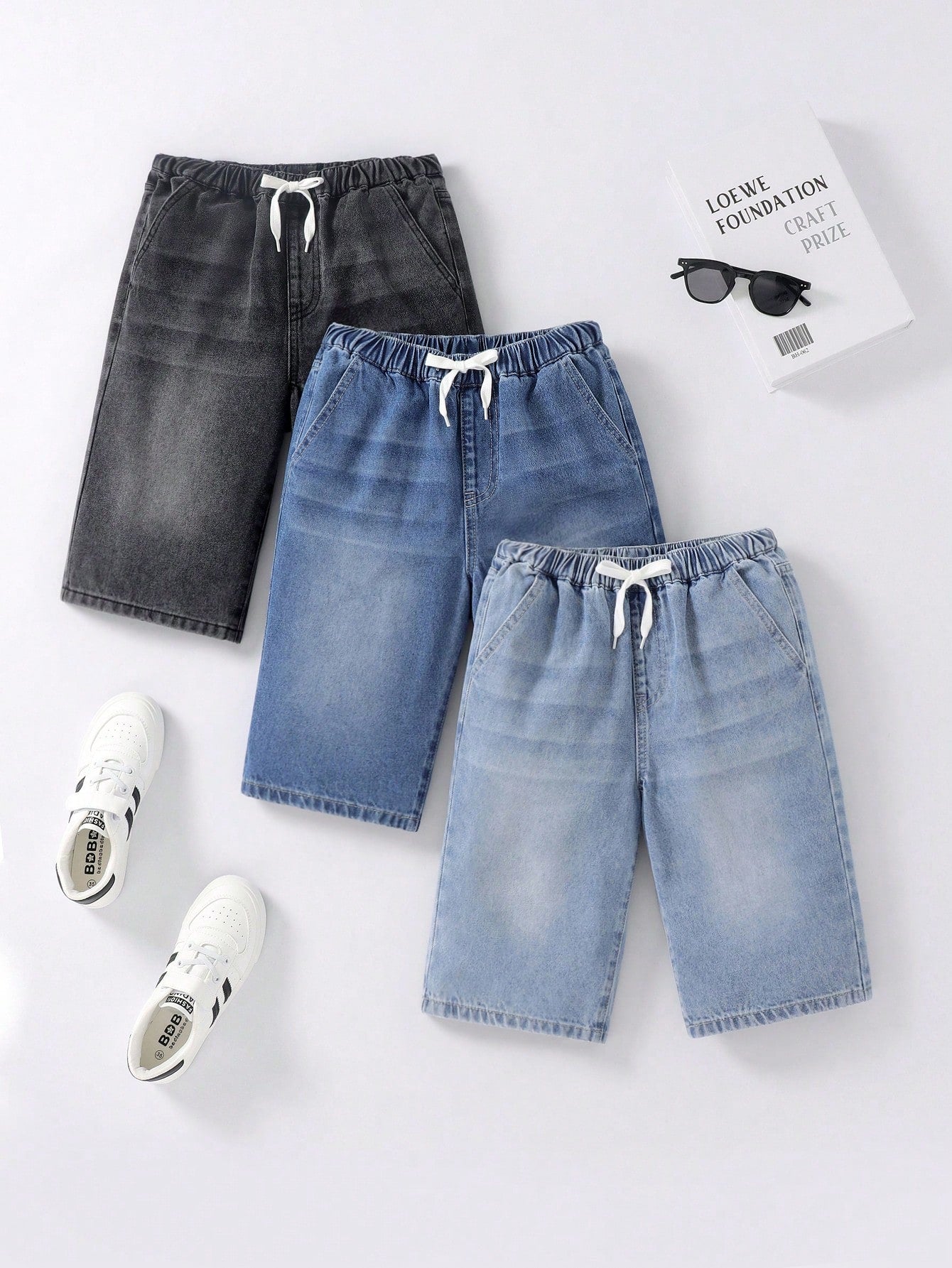 Tween Boy Basic Casual Daily Academy Style Drawstring Waist Flat Pocket Denim Shorts Set Of 3