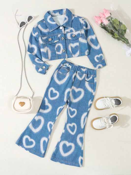 Young Girl Y2K HOT Heart Print Short Denim Jacket & Elastic Waist Flare Jeans 2pcs/Set