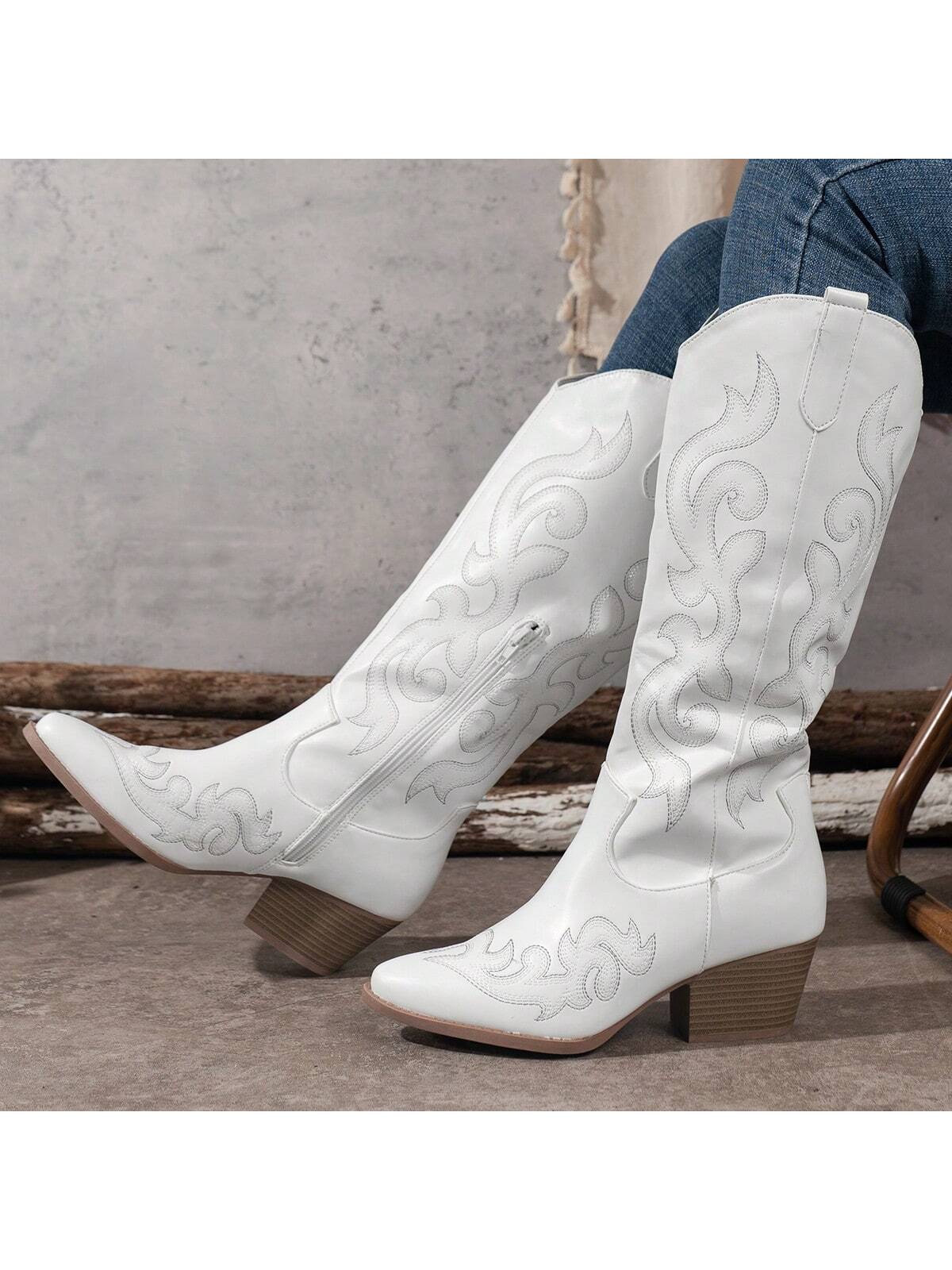 Women's Fashionable Embroidered Leather Knee-High Wedge Boots