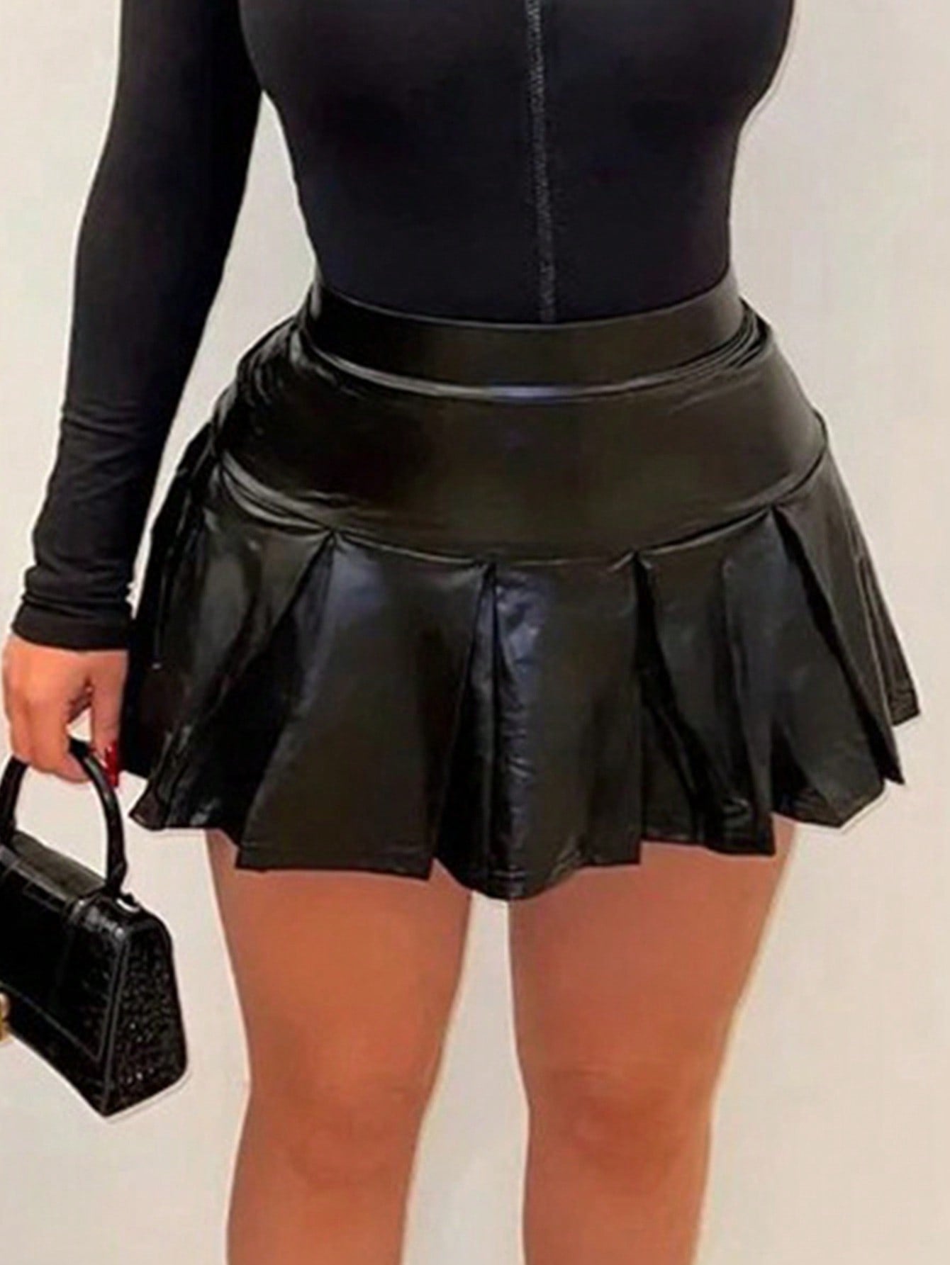 Plus Size Net Black Pleated Spliced PU Coated Material Women's Mini Skirt For Party, Music Festival, Daily Life And Streetwear