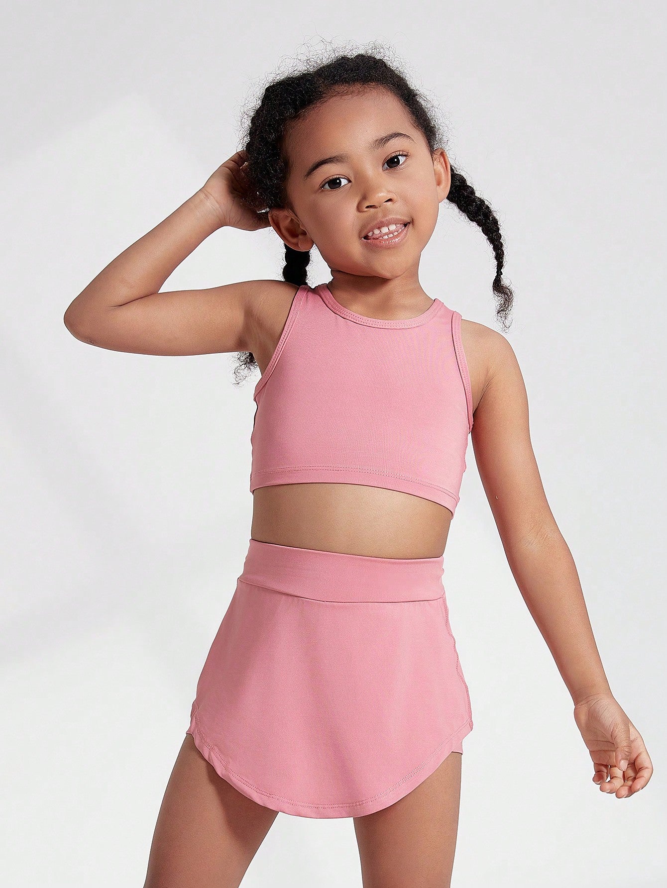 Young Girl Summer Solid Color Tank Top And Skirt Shorts Sports Set