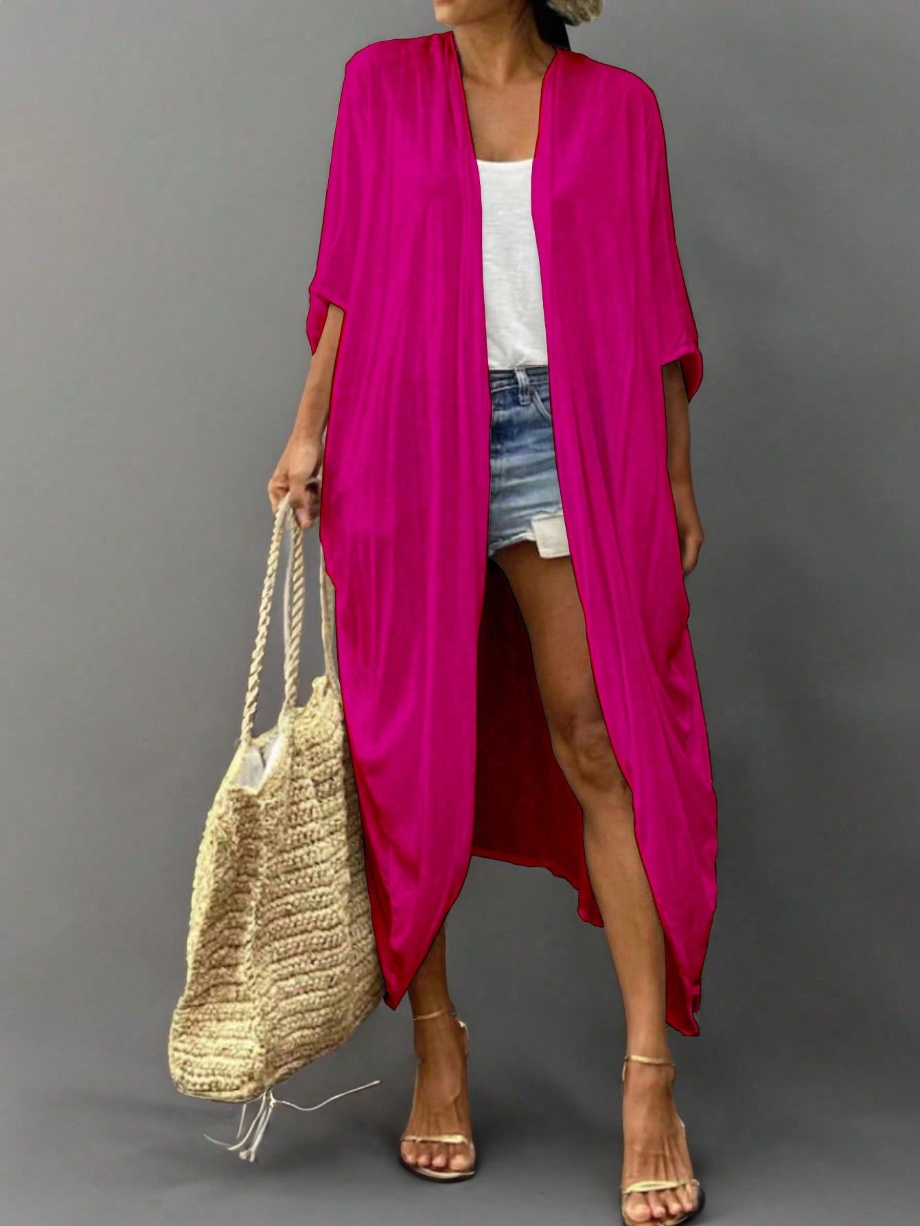 Women Summer Beach Vacation Plain Color Batwing Sleeve Long Loose Kimono