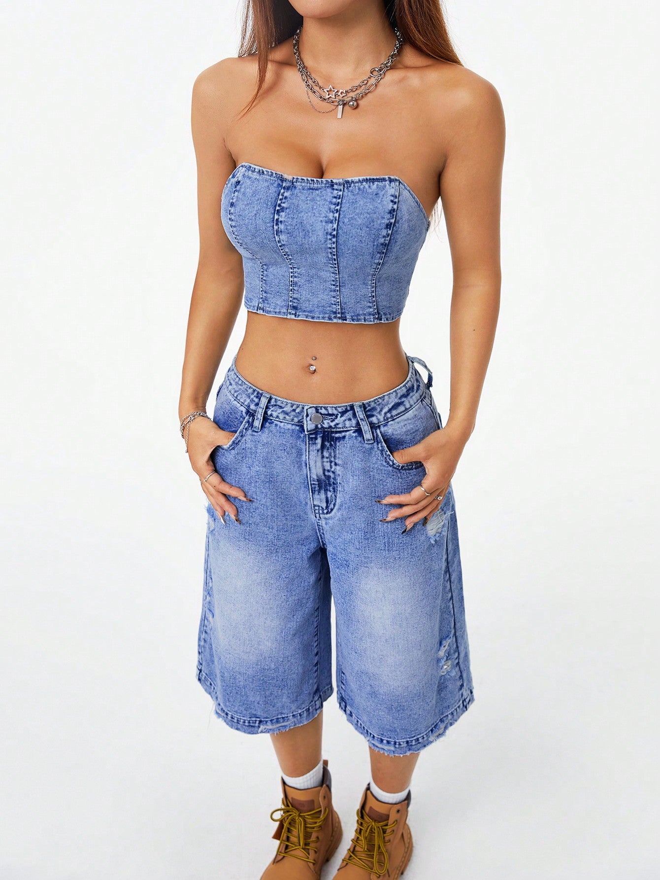 Coolane Women's Summer Y2K Denim Washed Tube & Shorts Going Out Sets,Women Two Piece Sets,Back To School Clothes,Going Out Outfits,Light Blue Jeans