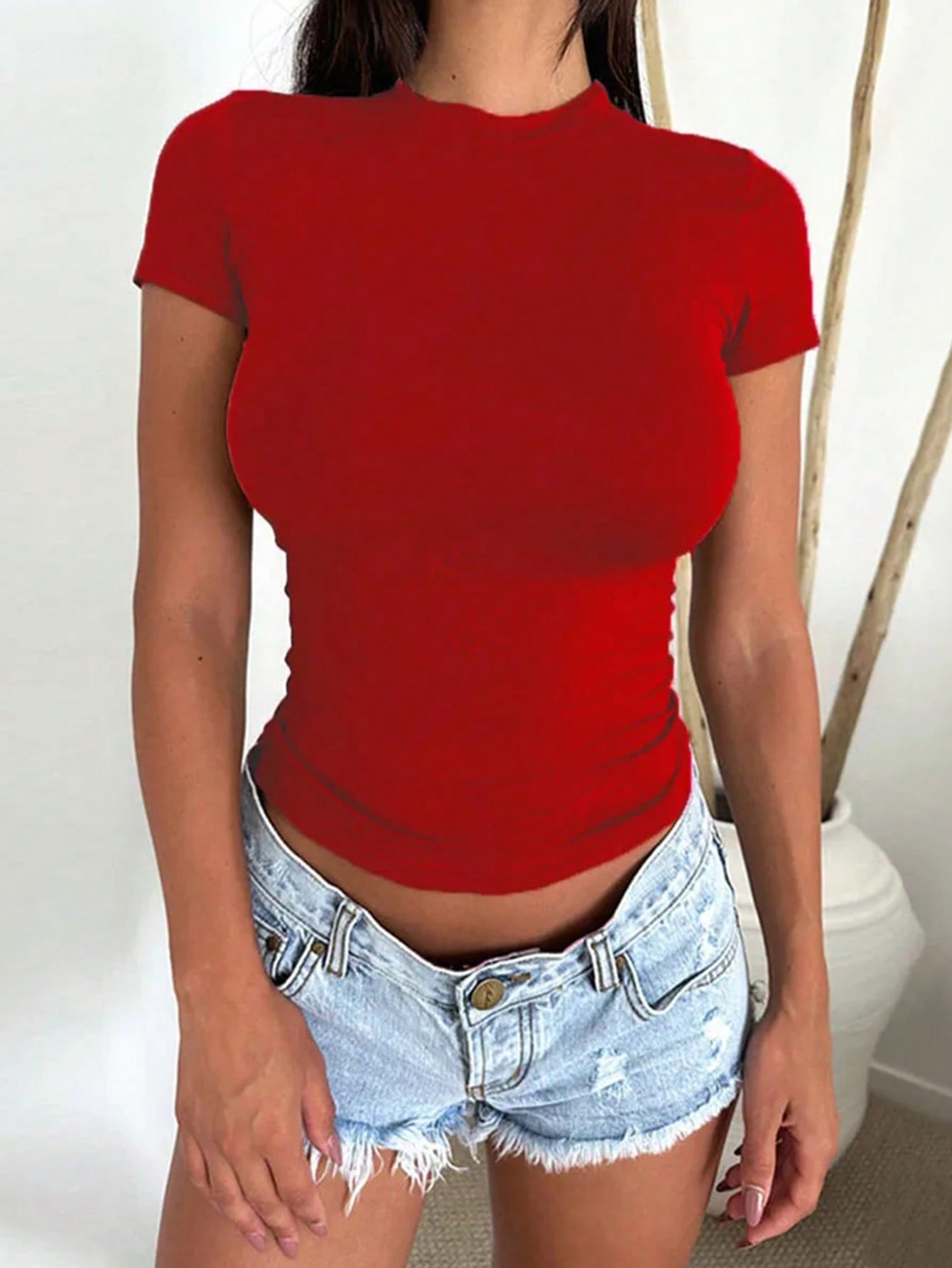 Women's Solid Color Pleated Slim Fit T-Shirt