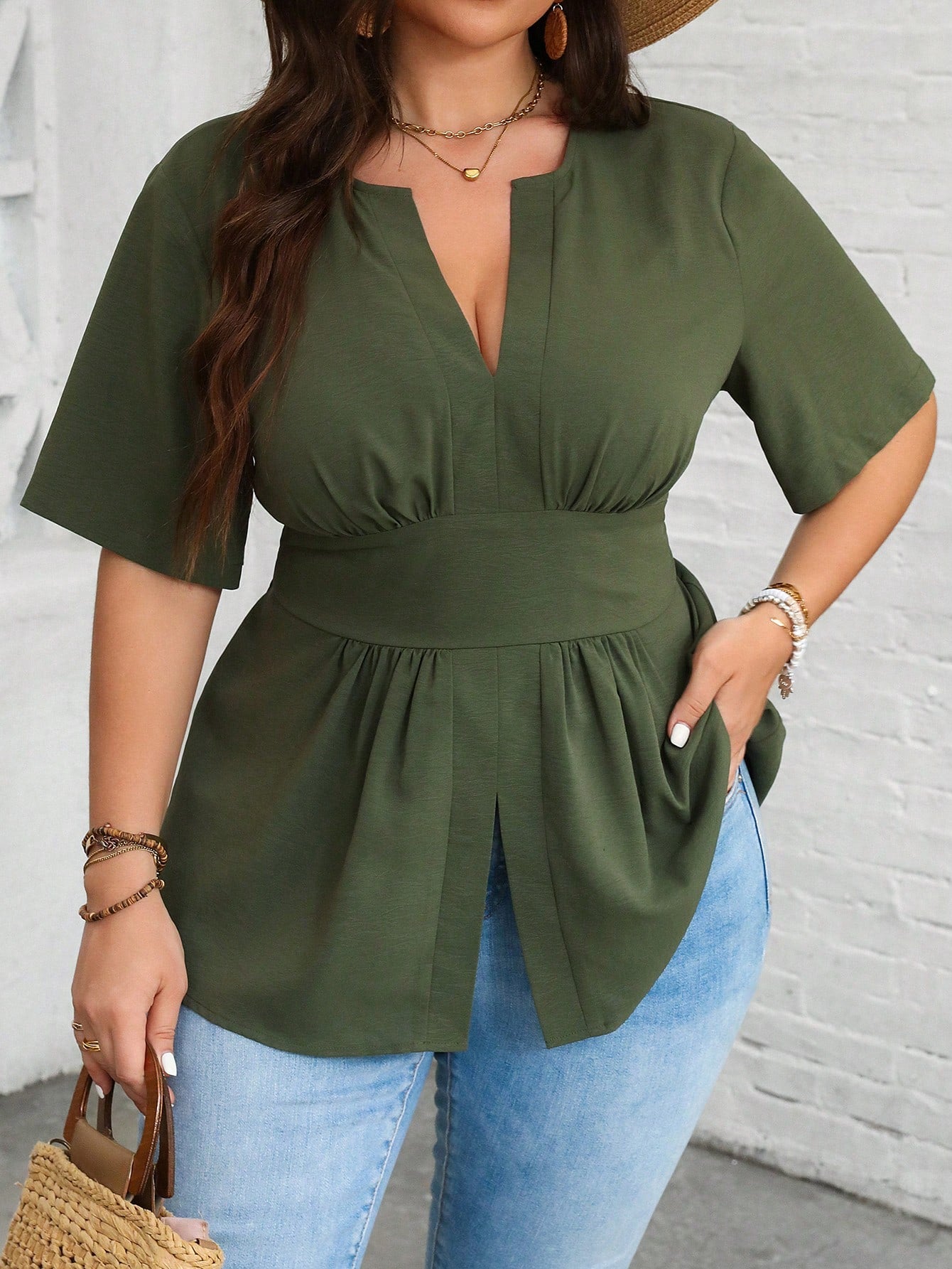 Frenchy Plus Size Notched V-Neck Shirt With Ruffled Hemline