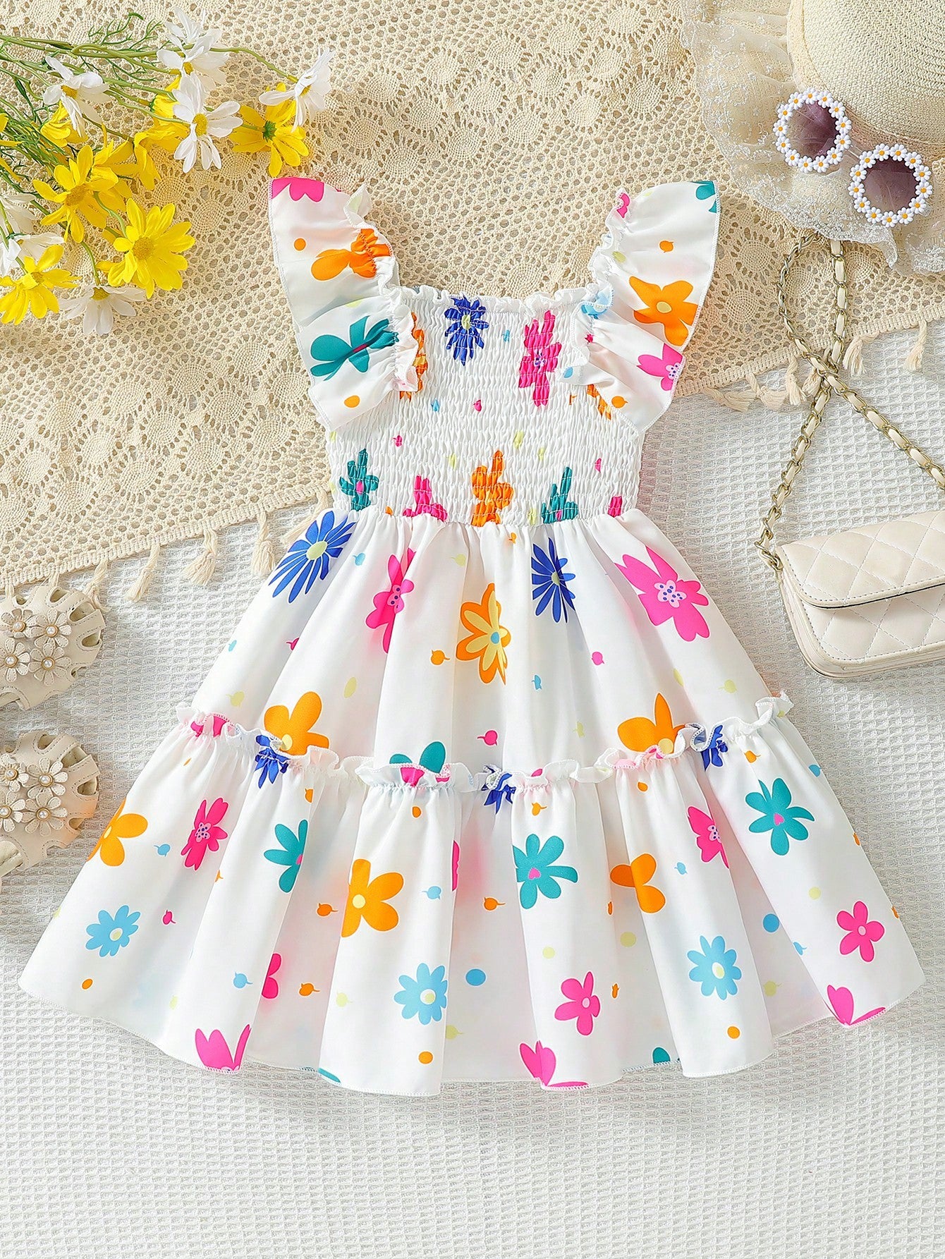 Young Girl Sleeveless Halter Neck Dress With Ruffle Hem And Floral Print, Summer