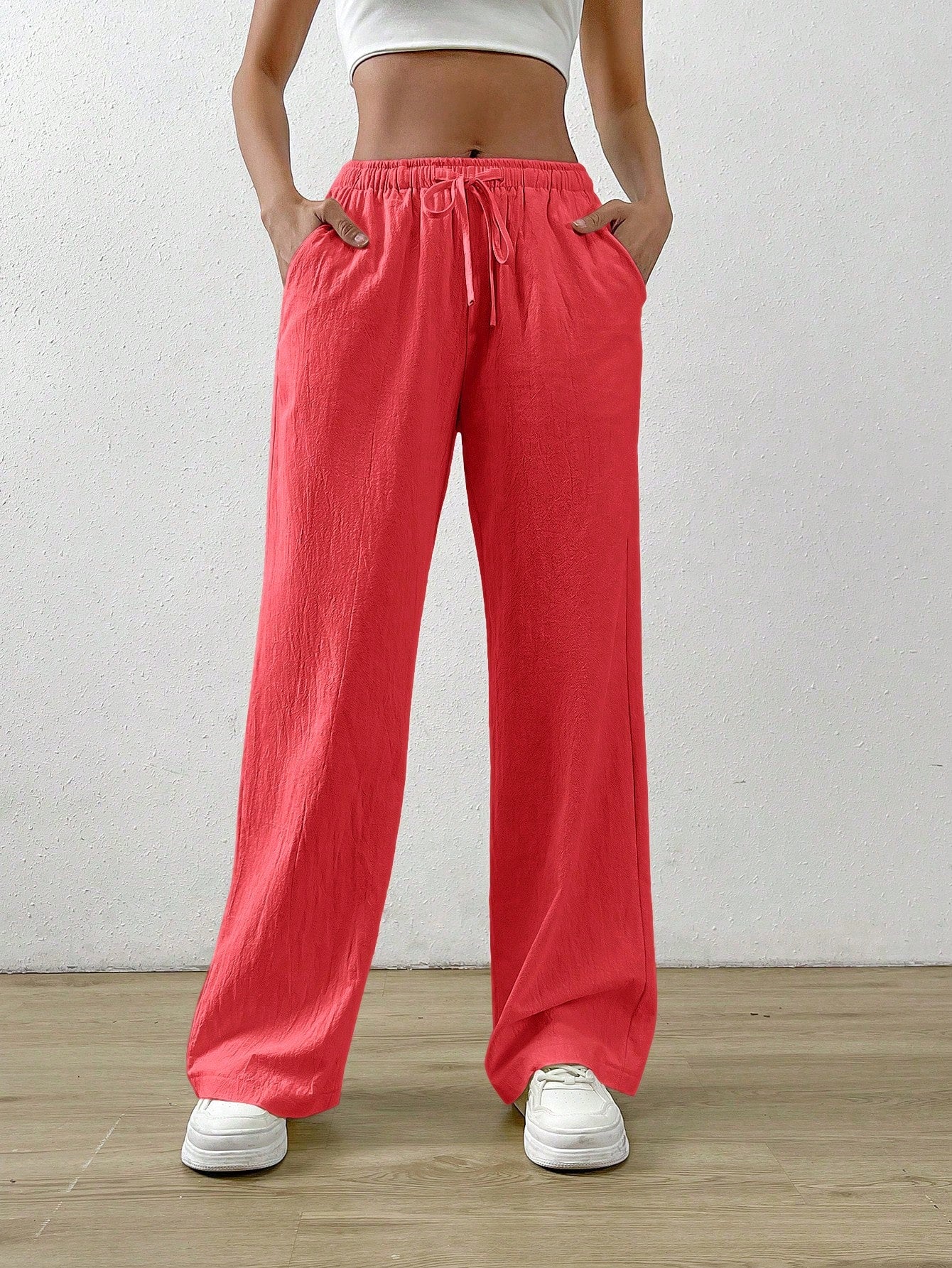 Cotton Loose Straight Drawstring Waist Slant Pocket Pants