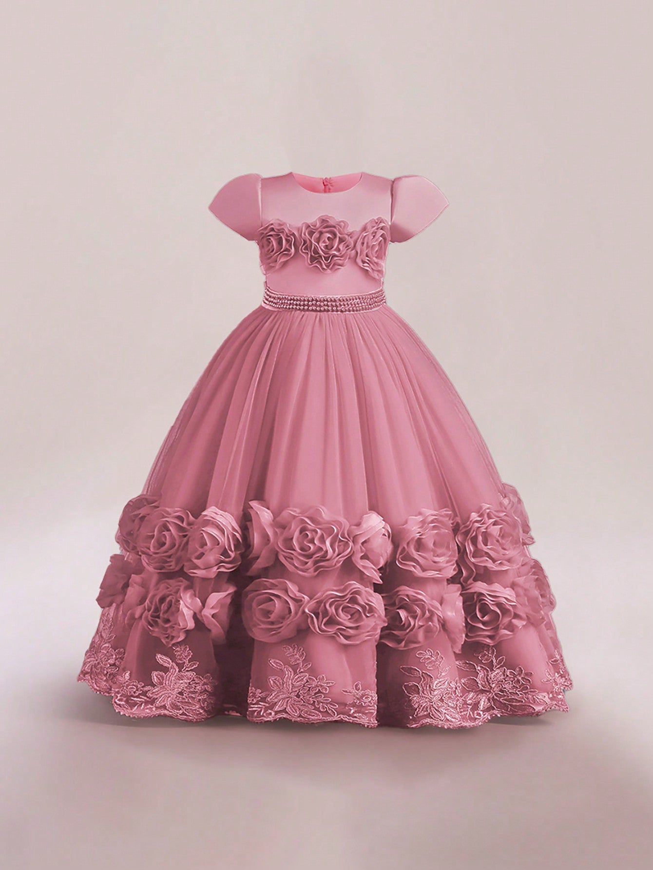 Young Girl Short Sleeve Big Floral Dress, Princess Flower Girl Tutu Dress, Elegant And , Suitable For Parties And Banquets