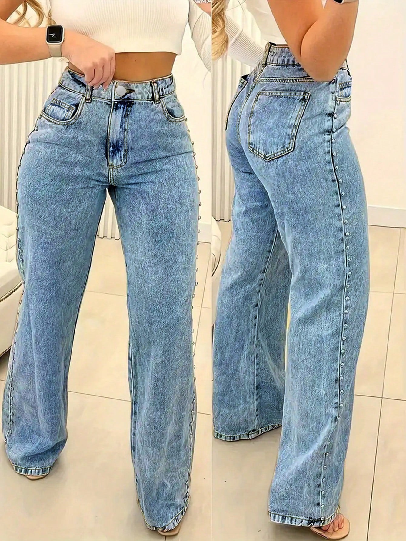 Women's Side Studded Straight Jeans