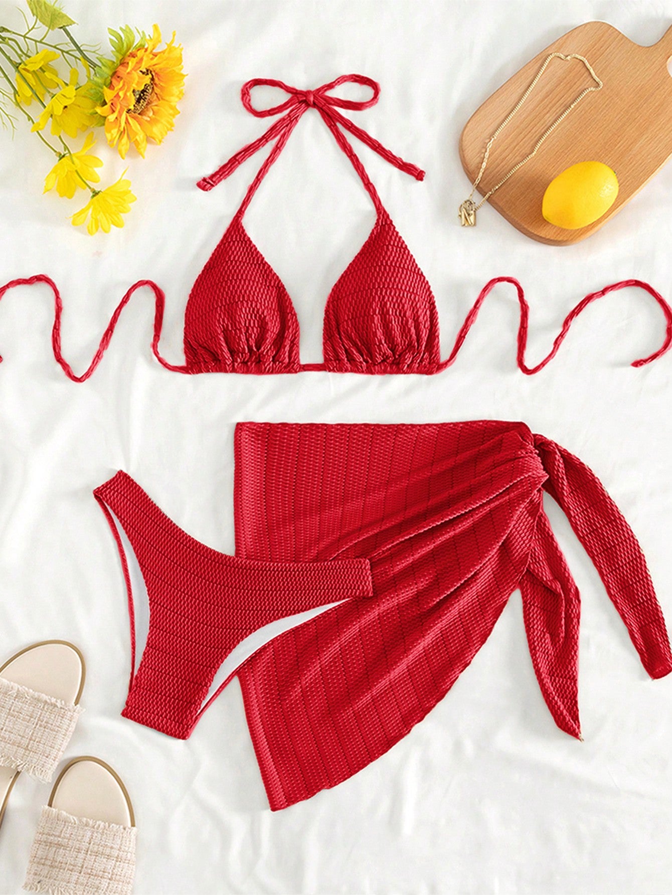 Swim Mod Summer Beach Plain Halter Triangle Bikini Set With Beach Skirt