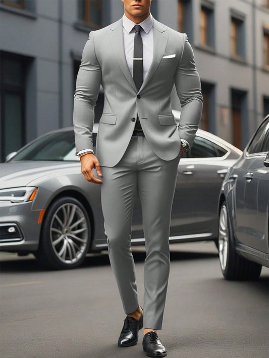 Men Spring And Autumn Casual Solid Color Turn-Down Collar Suit, Including Long Coat And Pants