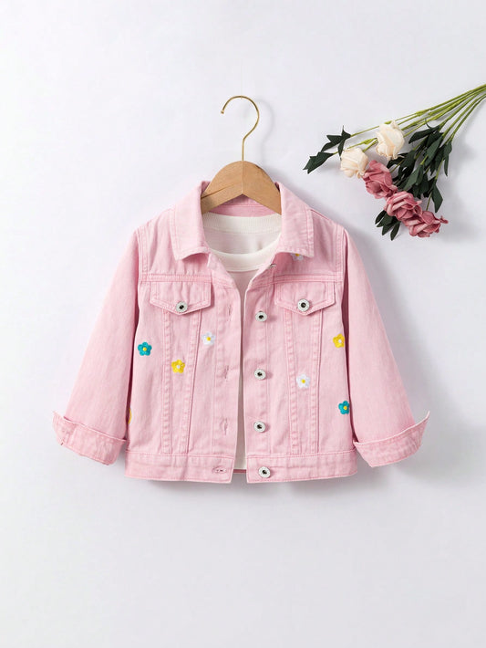 Young Girl Spring And Autumn Casual Casual Denim Jacket With Floral Print Long Sleeves