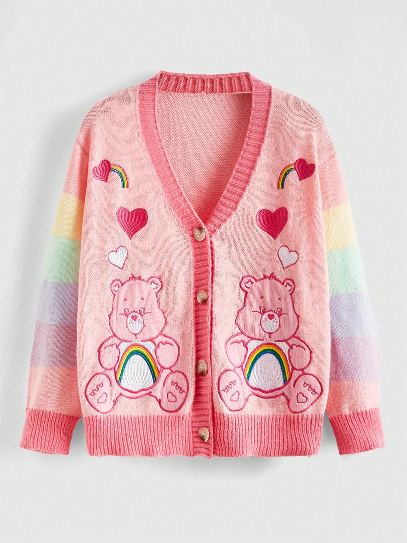 Bear Patch Embroidered Colorful Sleeves Cute Romantic Plus Size Sweater Cardigan