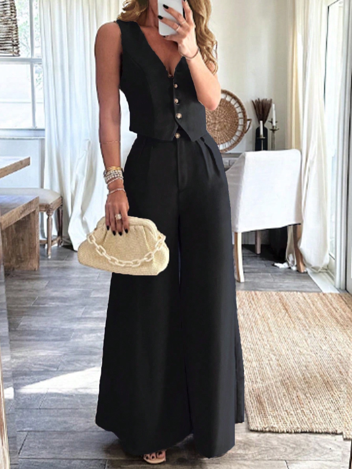 Frenchy Spring Summer Casual Street Style Solid Color Short Vest And Pleated Wide-Leg Pants Suit For Commuting And Daily Wear