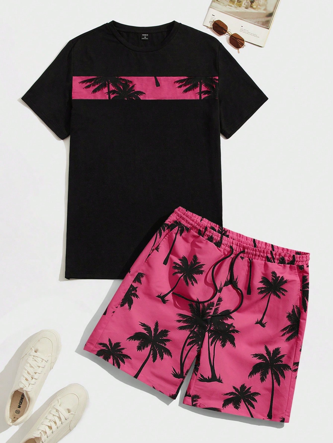 Men Coconut Tree Print Tee & Drawstring Waist Shorts