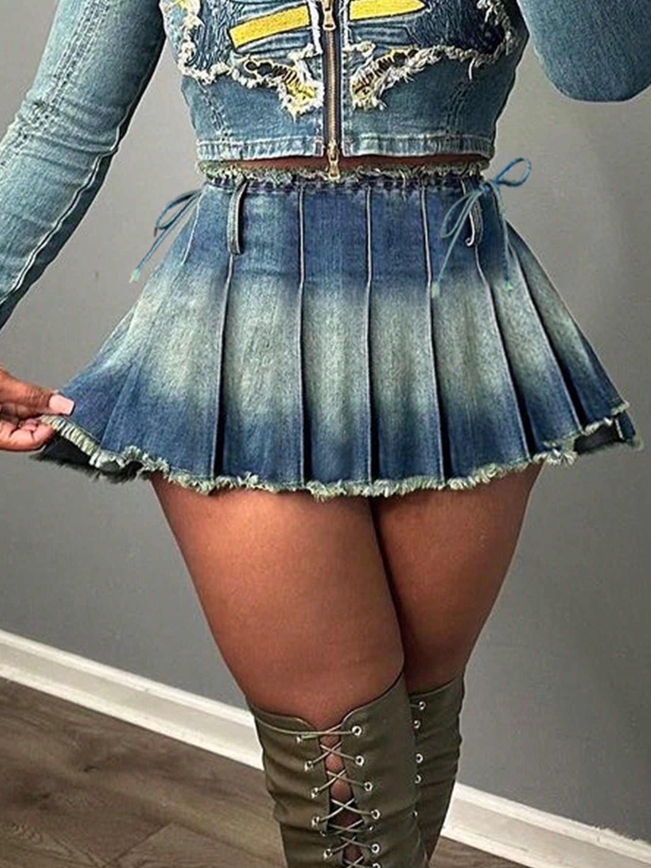 Summer Vintage Faded Pleated Sexy Mini Denim Skirt