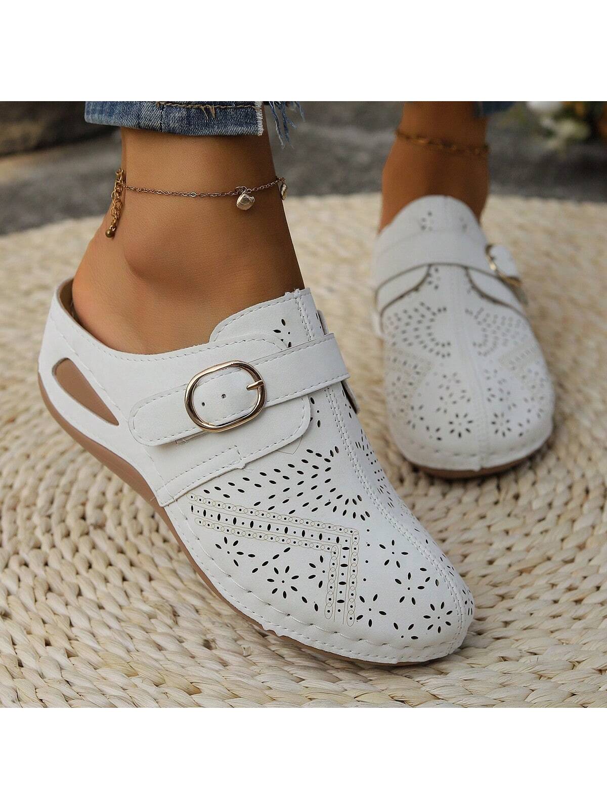 Floral Cut-Out Wedge Sandals For Women, New Fashion Summer Slippers, Breathable Anti-Slip Soft Sole Comfortable Closed Toe Half Slingback