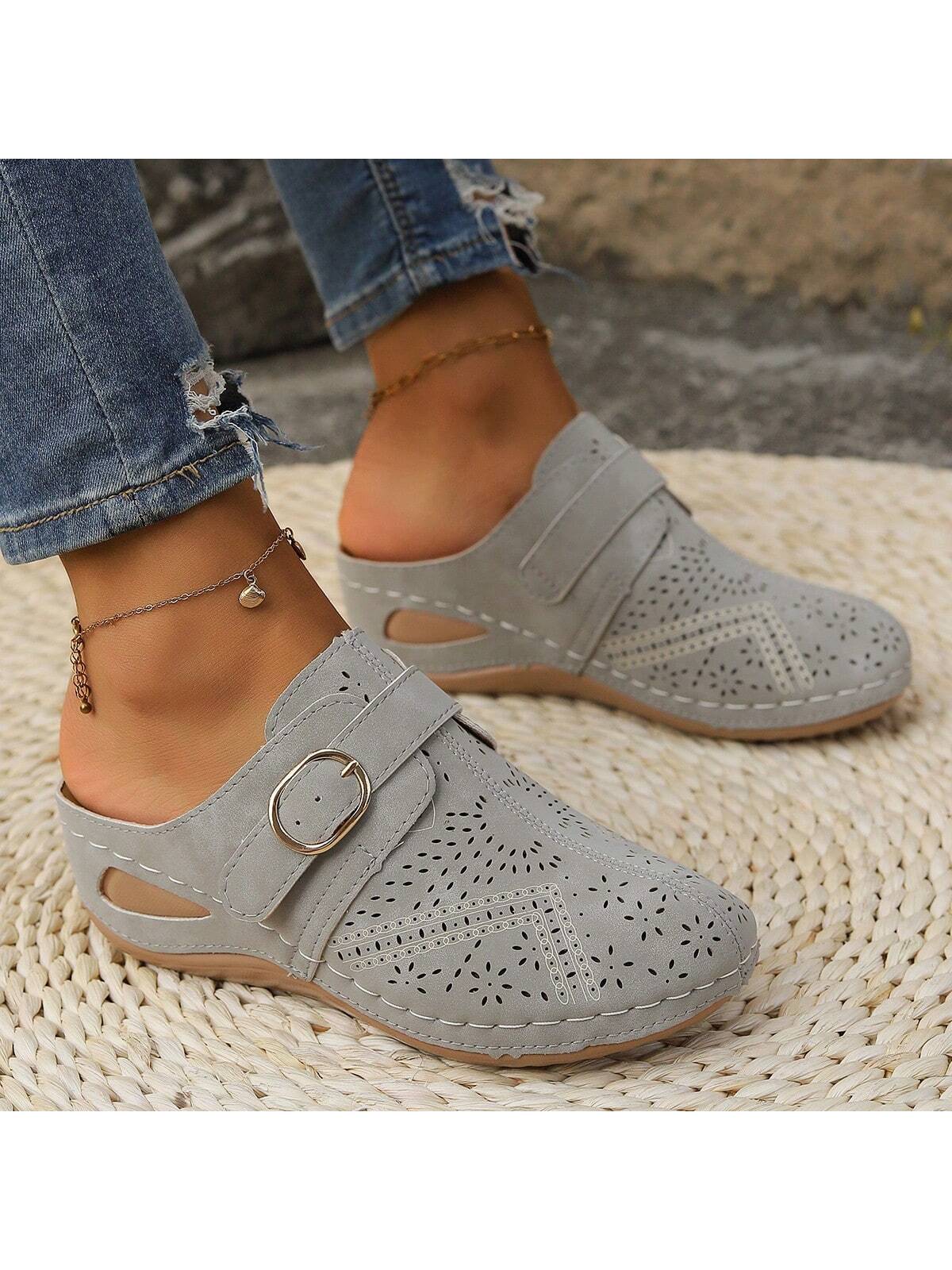 Floral Cut-Out Wedge Sandals For Women, New Fashion Summer Slippers, Breathable Anti-Slip Soft Sole Comfortable Closed Toe Half Slingback