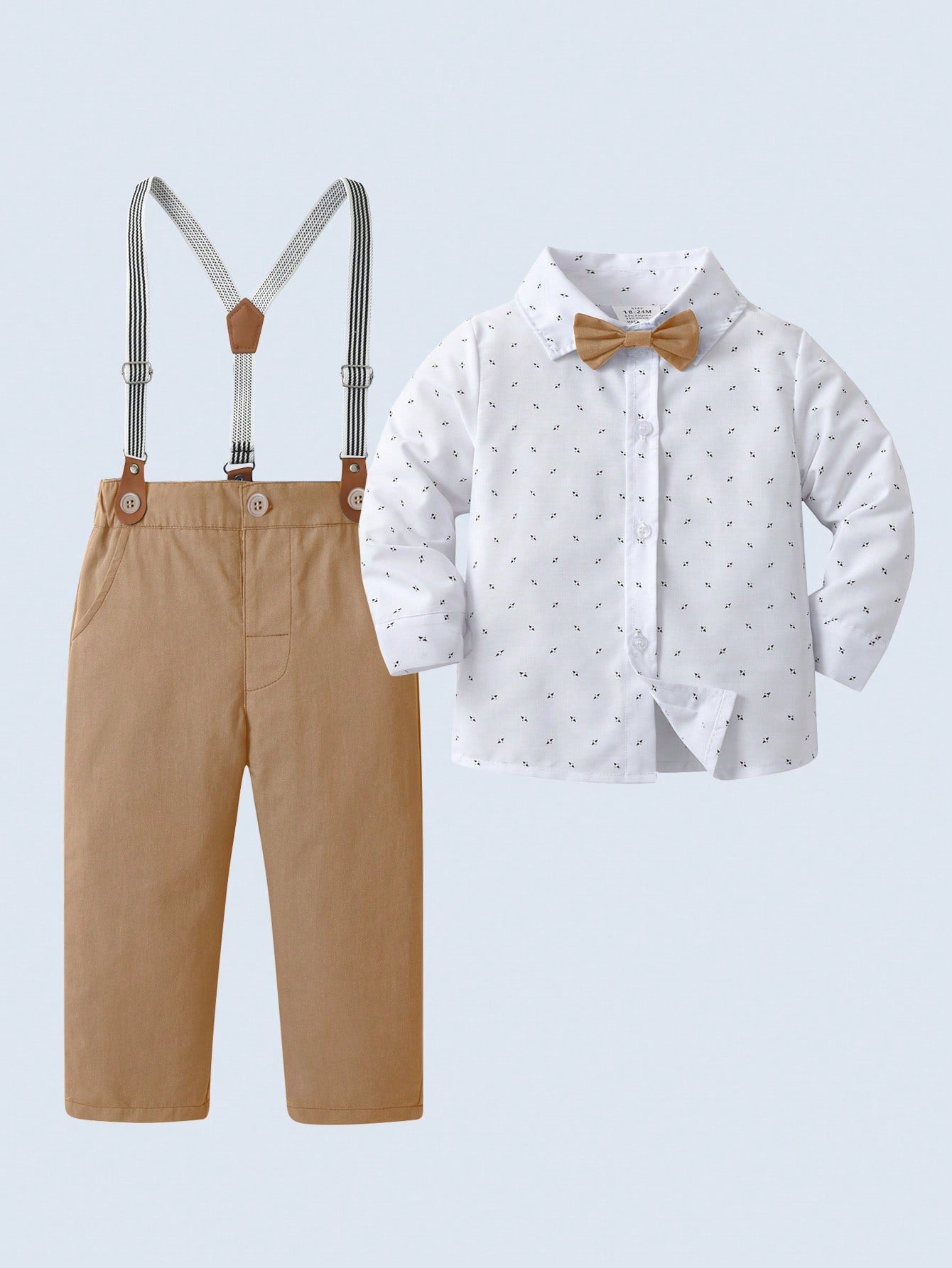 Young Boy 2pcs Gentlemen Suit, Random Printed Long Sleeve Shirt With Bow Tie And Suspender Pants, Ideal For Birthday Parties, Performances, Weddings, Baptisms, Etc.