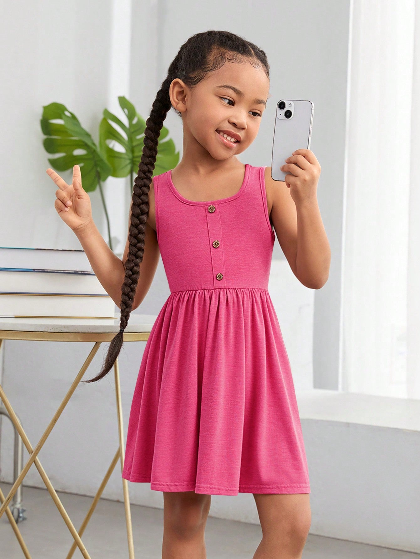 Young Girl's Knitted Solid Color Sleeveless Tank Dress, Casual Wear For Spring/Summer