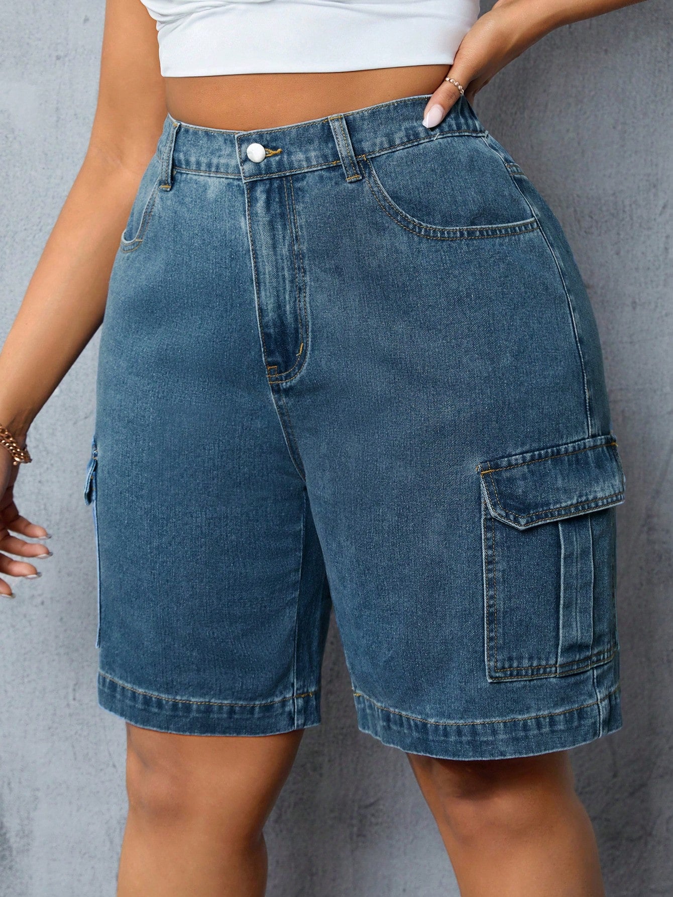 Plus Size Denim Shorts With Pockets And Buttons For Summer