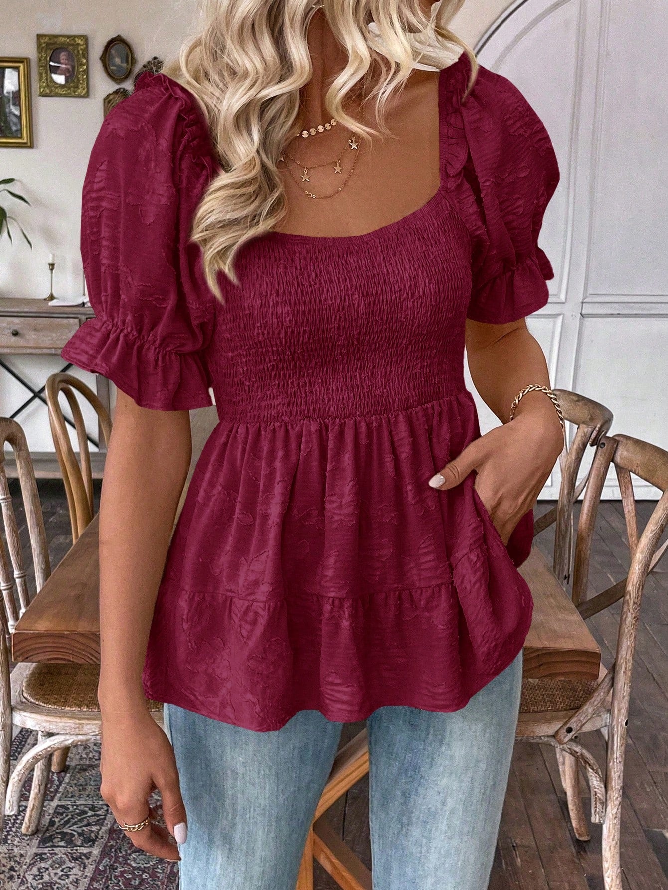 Women's Puff Sleeve Blouse With Cinching Waist