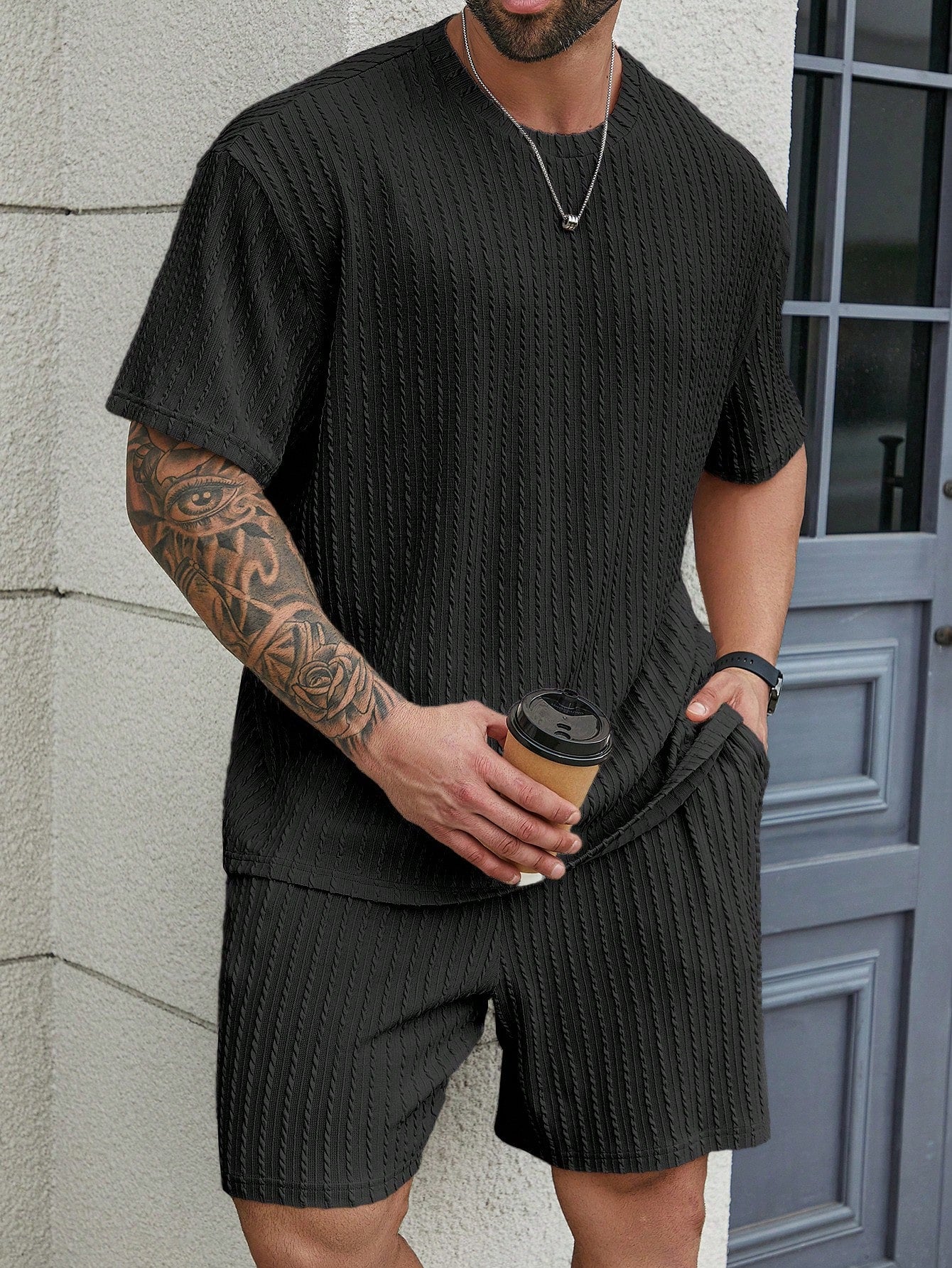 Men's Plus Size Summer Plain Textured Round Neck Short Sleeve Casual T-Shirt And Shorts Set