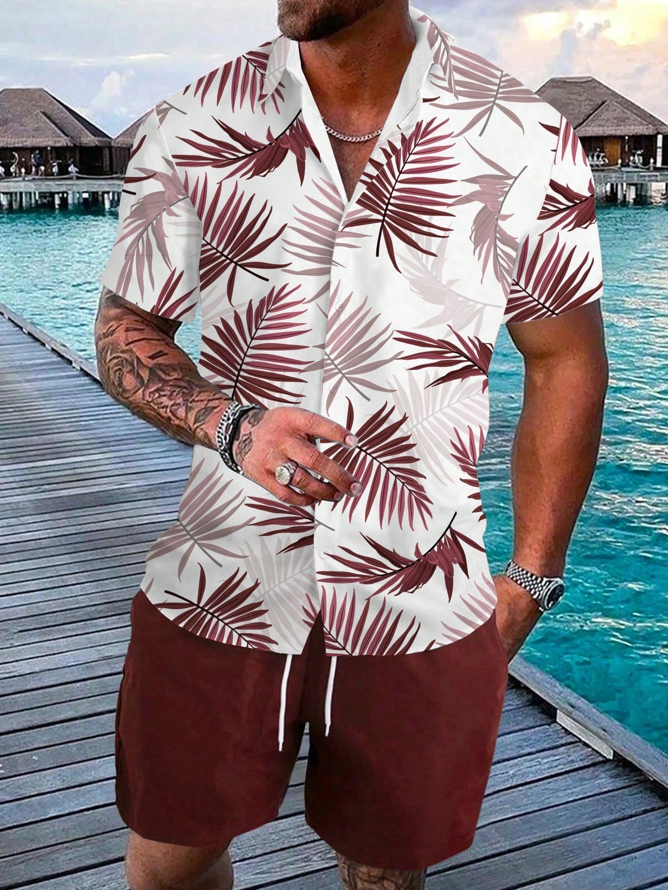 Men Plus Size Fashionable Summer Holiday Style Printed Shirt And Shorts Two-Piece Set