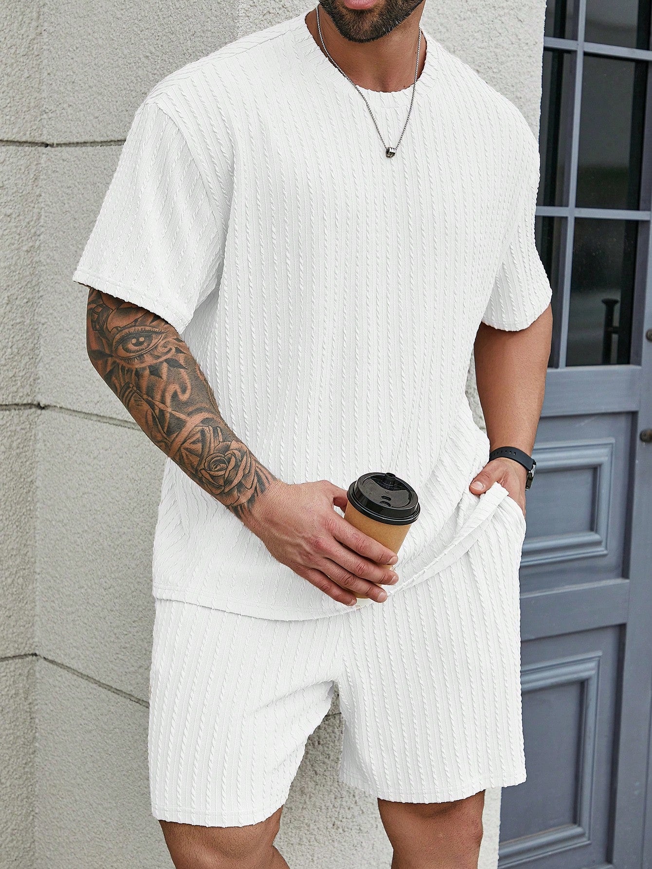 Men's Plus Size Summer Solid Color Textured Round Neck Short Sleeve Casual T-Shirt And Shorts Set