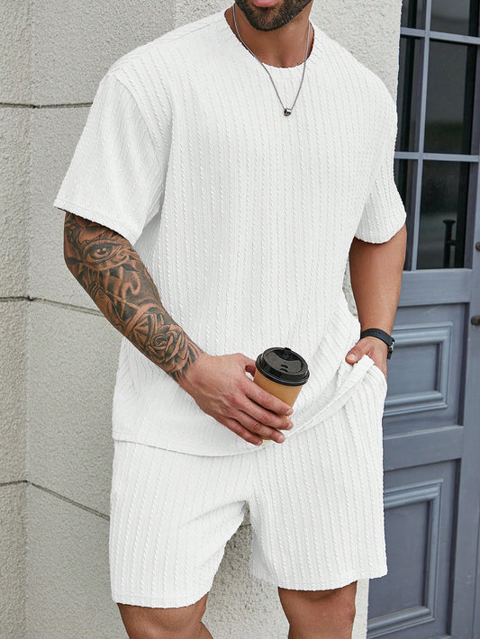 Men's Plus Size Summer Solid Color Textured Round Neck Short Sleeve Casual T-Shirt And Shorts Set