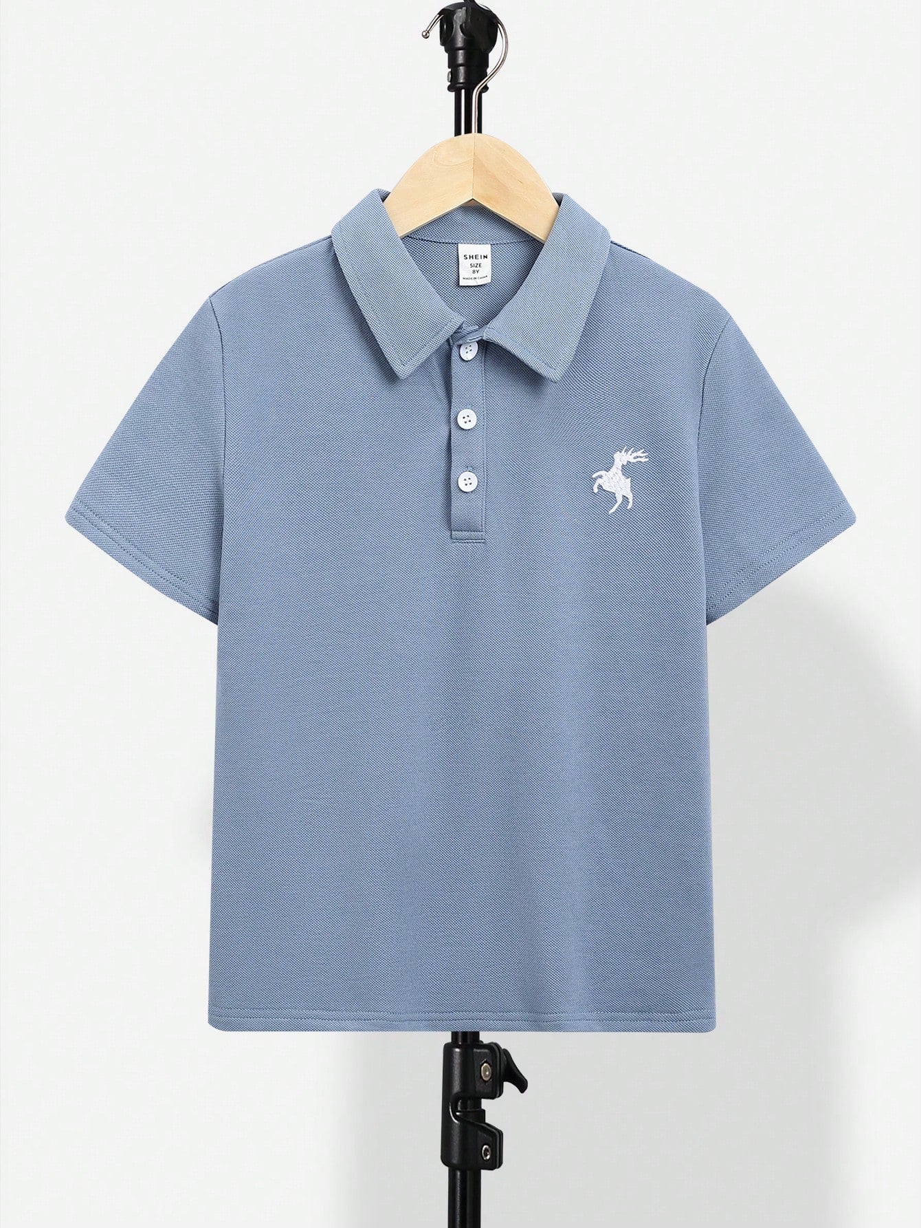 Tween Boy Deer Embroidery Polo Shirt Short Sleeve Casual Daily Wear, Summer