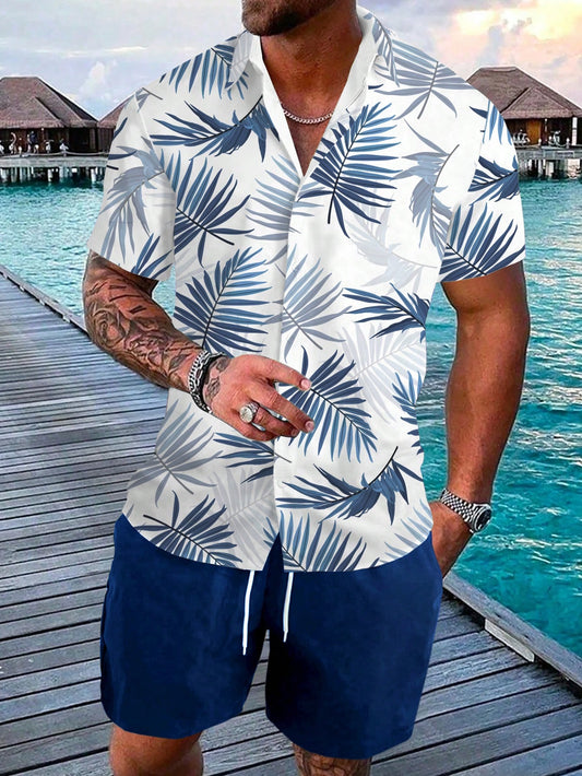 Men's Leaf Printed Casual Vacation Short Sleeve Shirt And Shorts Set